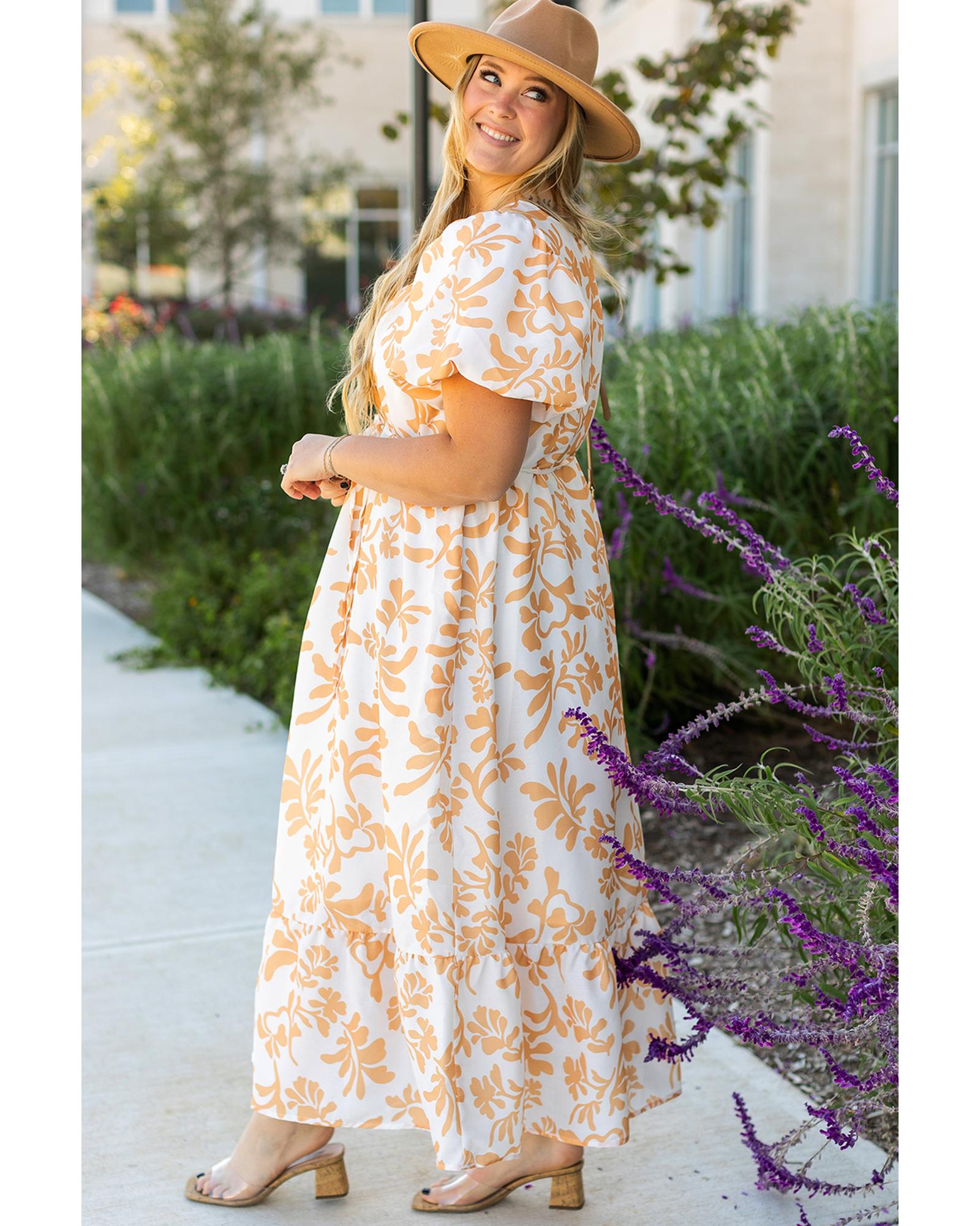 Apricot Floral Print Puff Short Sleeve Resort Plus Size Maxi Dress - 2X