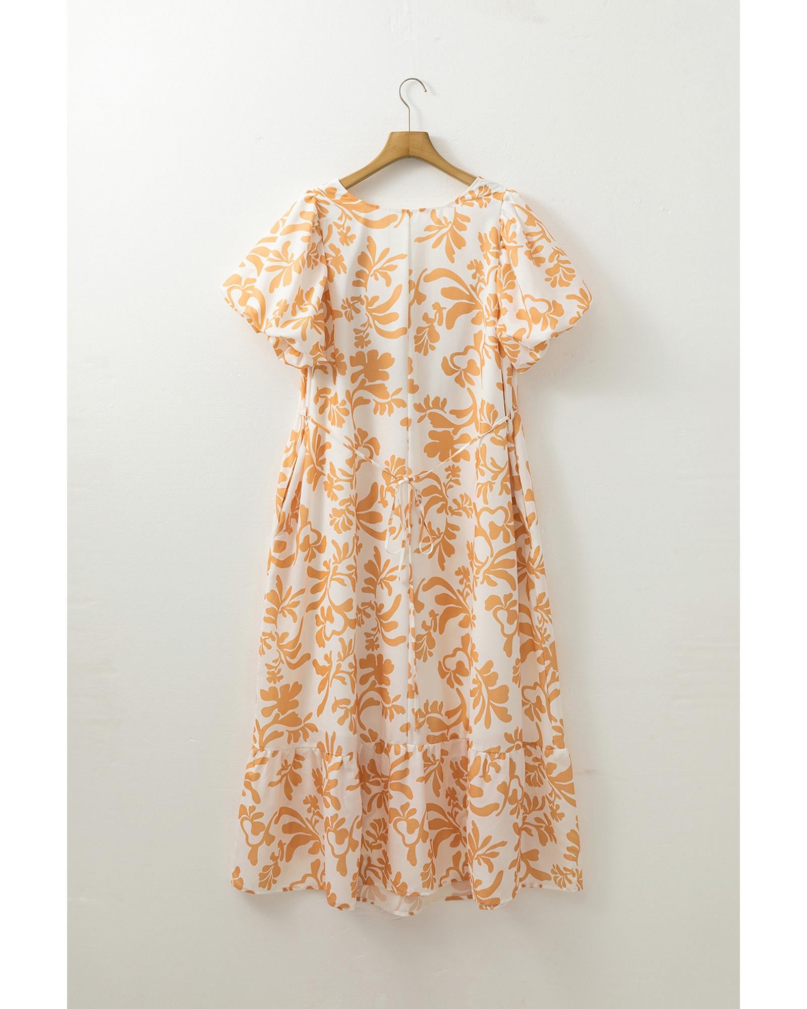 Apricot Floral Print Puff Short Sleeve Resort Plus Size Maxi Dress - 2X