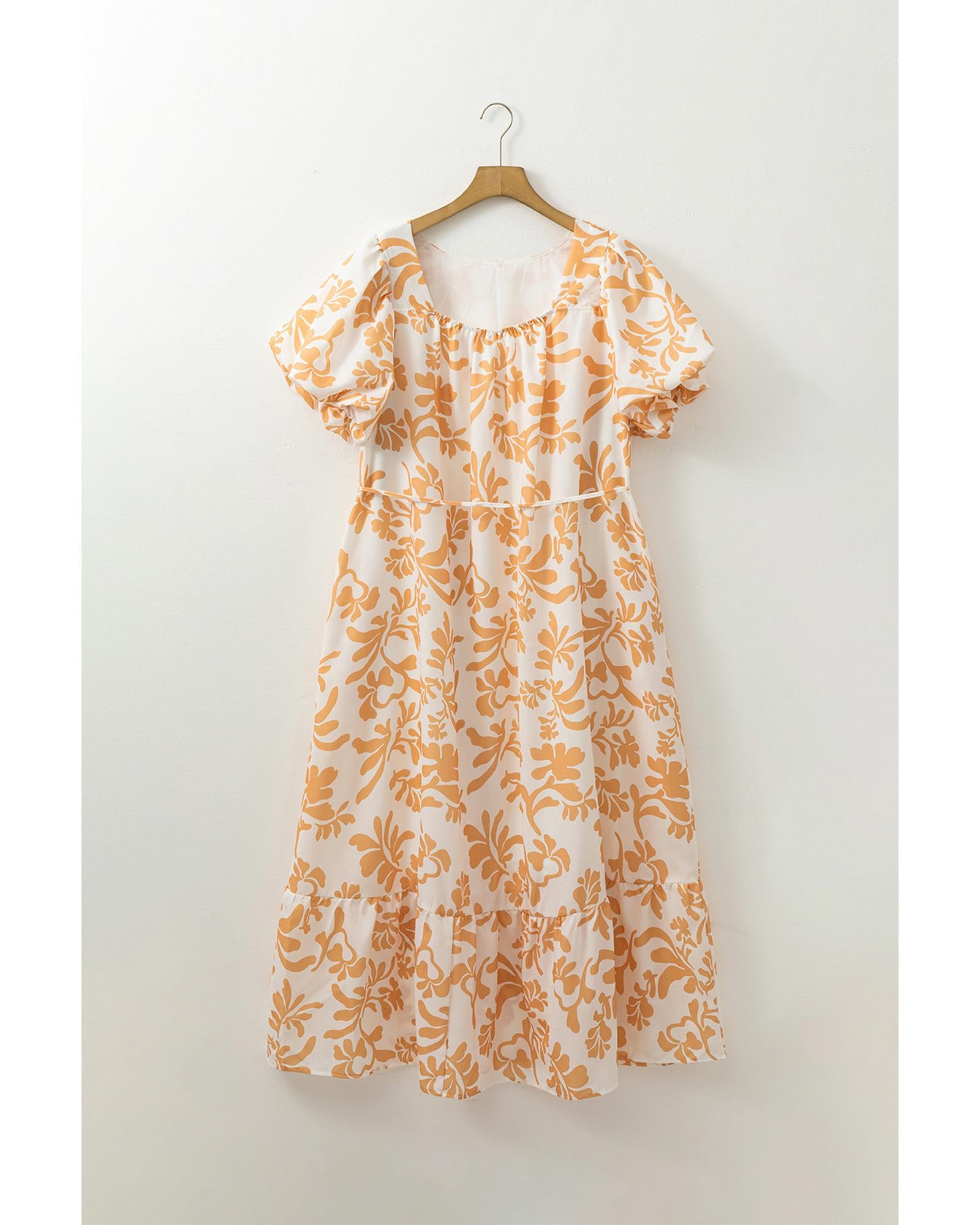 Apricot Floral Print Puff Short Sleeve Resort Plus Size Maxi Dress - 2X