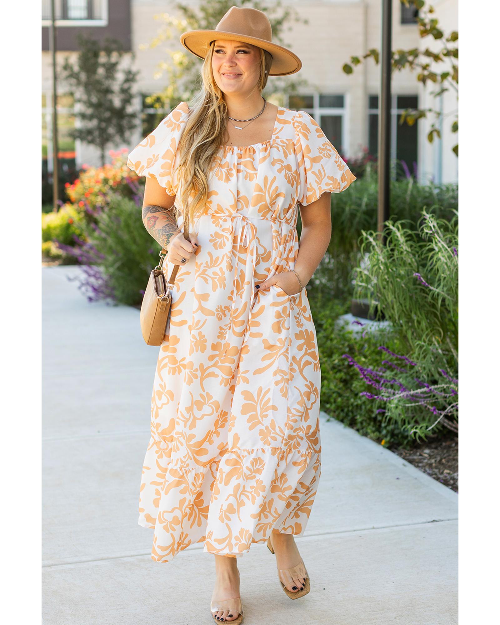 Apricot Floral Print Puff Short Sleeve Resort Plus Size Maxi Dress - 4X