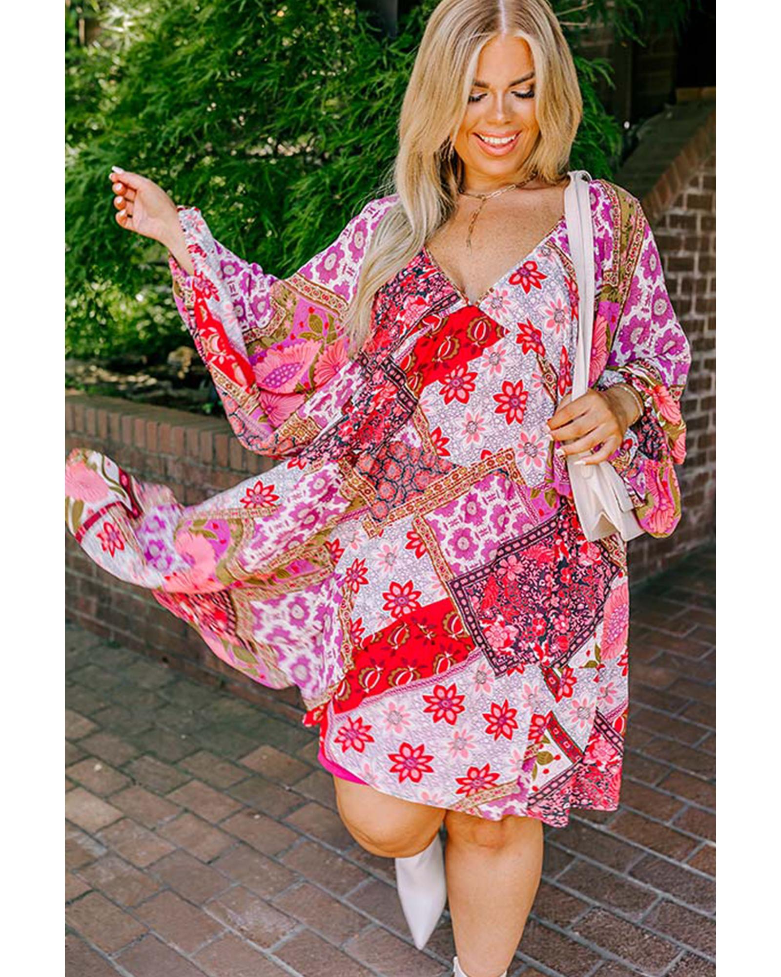 Rose Mixed Floral Long Sleeve V Neck Lace-up Hollowed Back Plus Size Dress - 1X