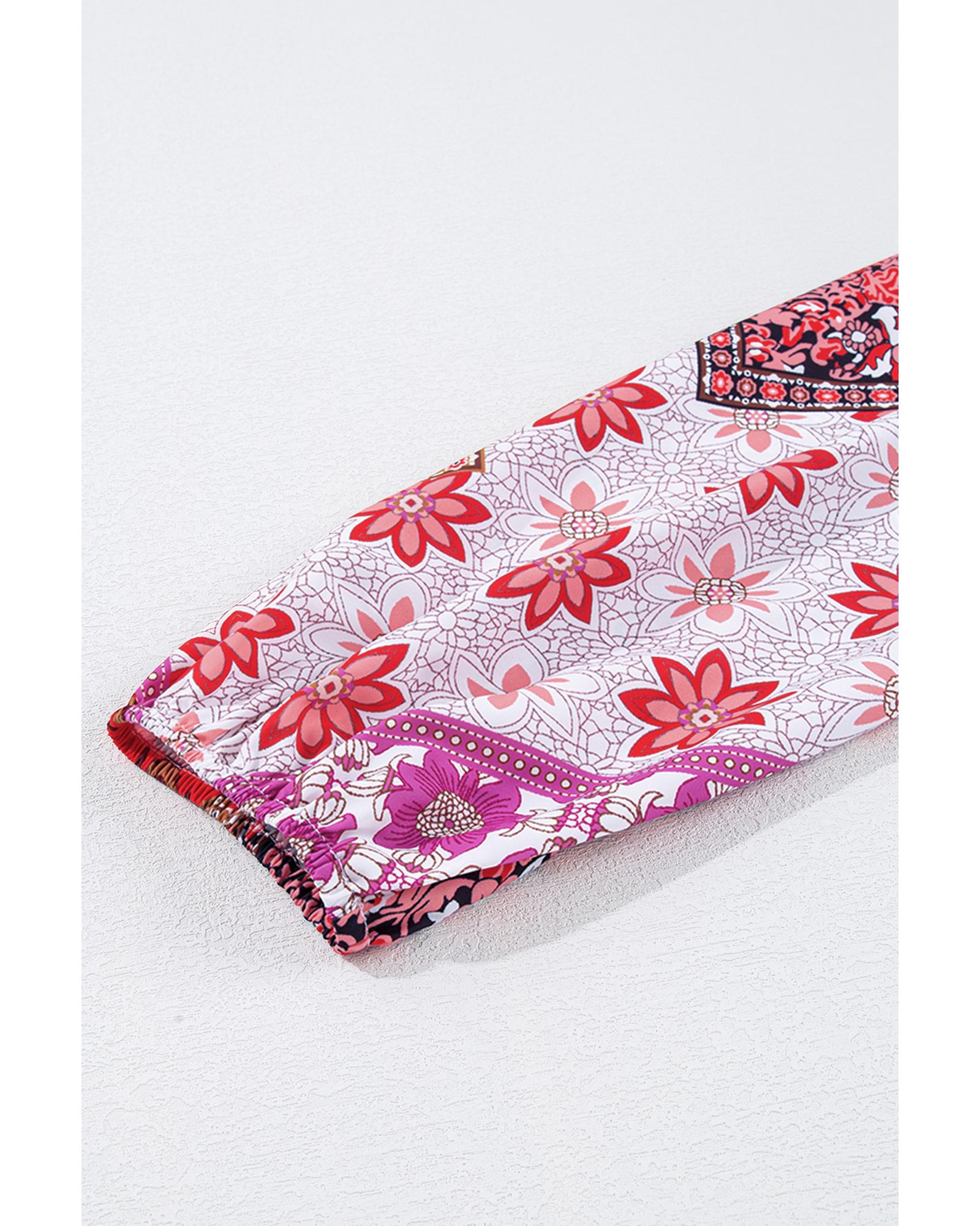 Rose Mixed Floral Long Sleeve V Neck Lace-up Hollowed Back Plus Size Dress - 1X