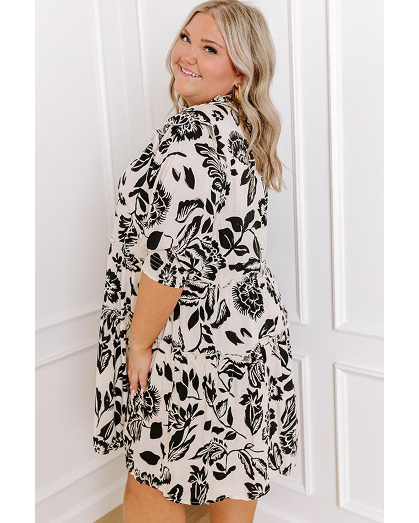 Black Floral Print Tiered Frilled Half Sleeve Plus Size Mini Dress - 1X