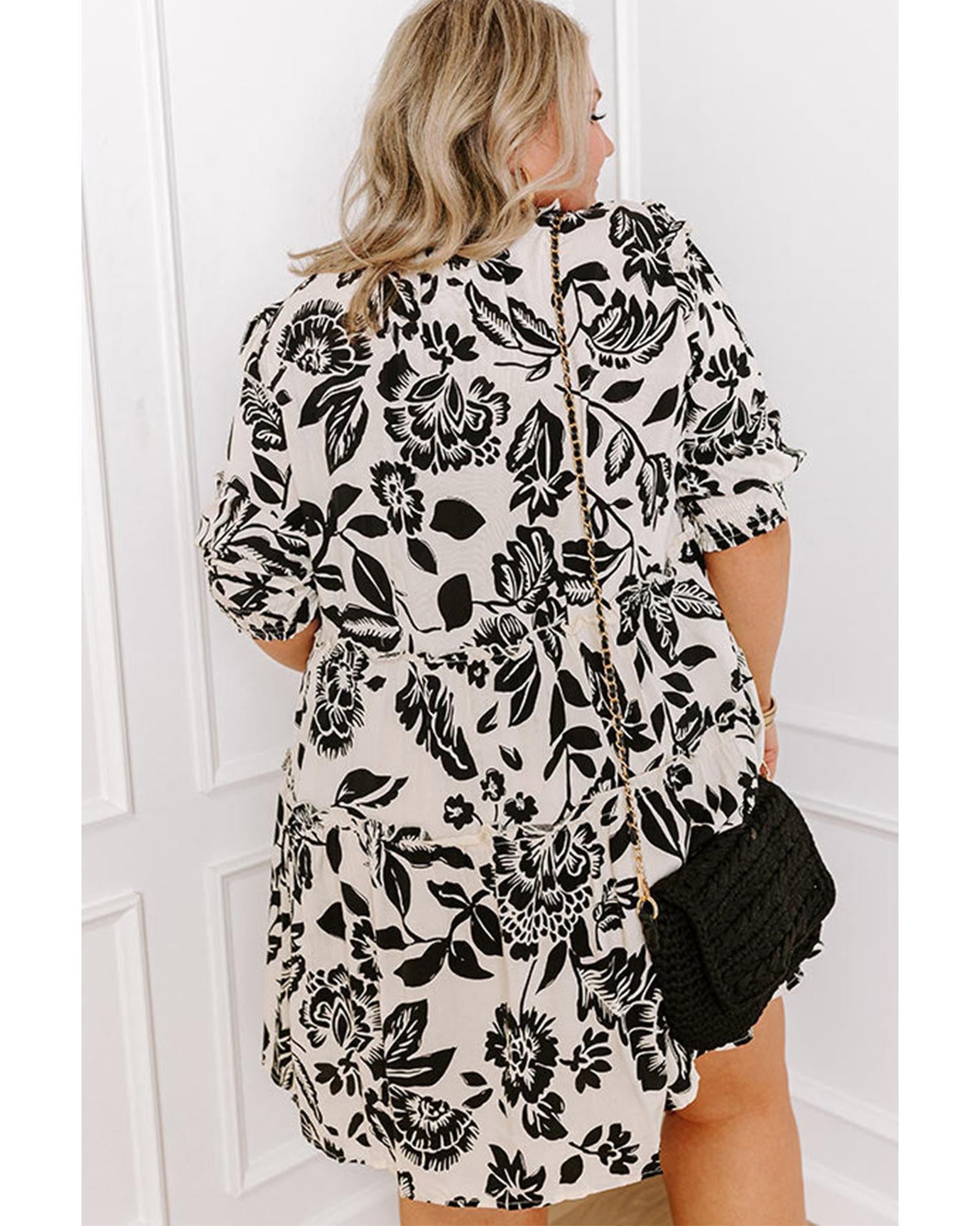 Black Floral Print Tiered Frilled Half Sleeve Plus Size Mini Dress - 4X