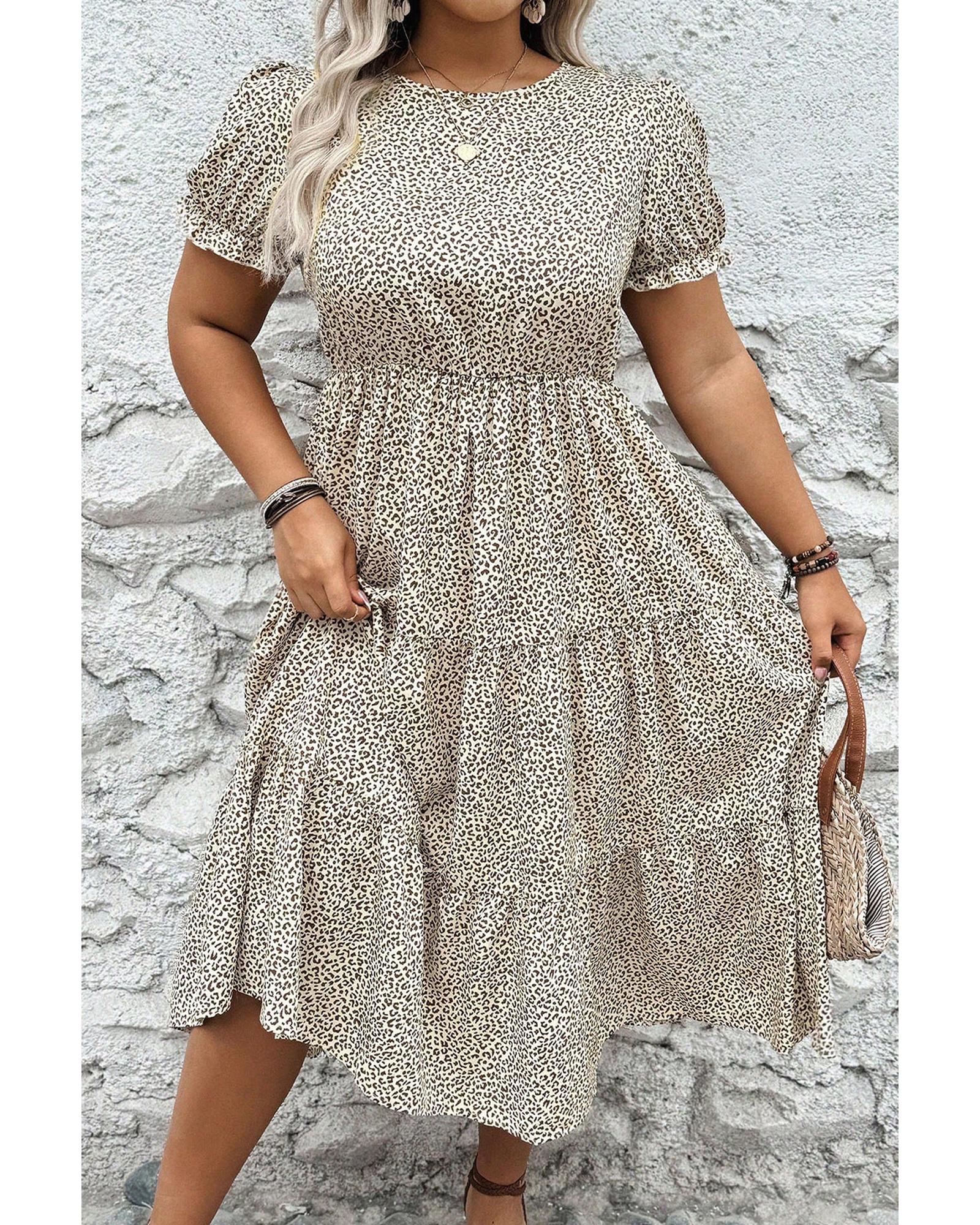 Beige Plus Size Leopard Print Frill Trim Short Sleeve Flared Dress - 3X