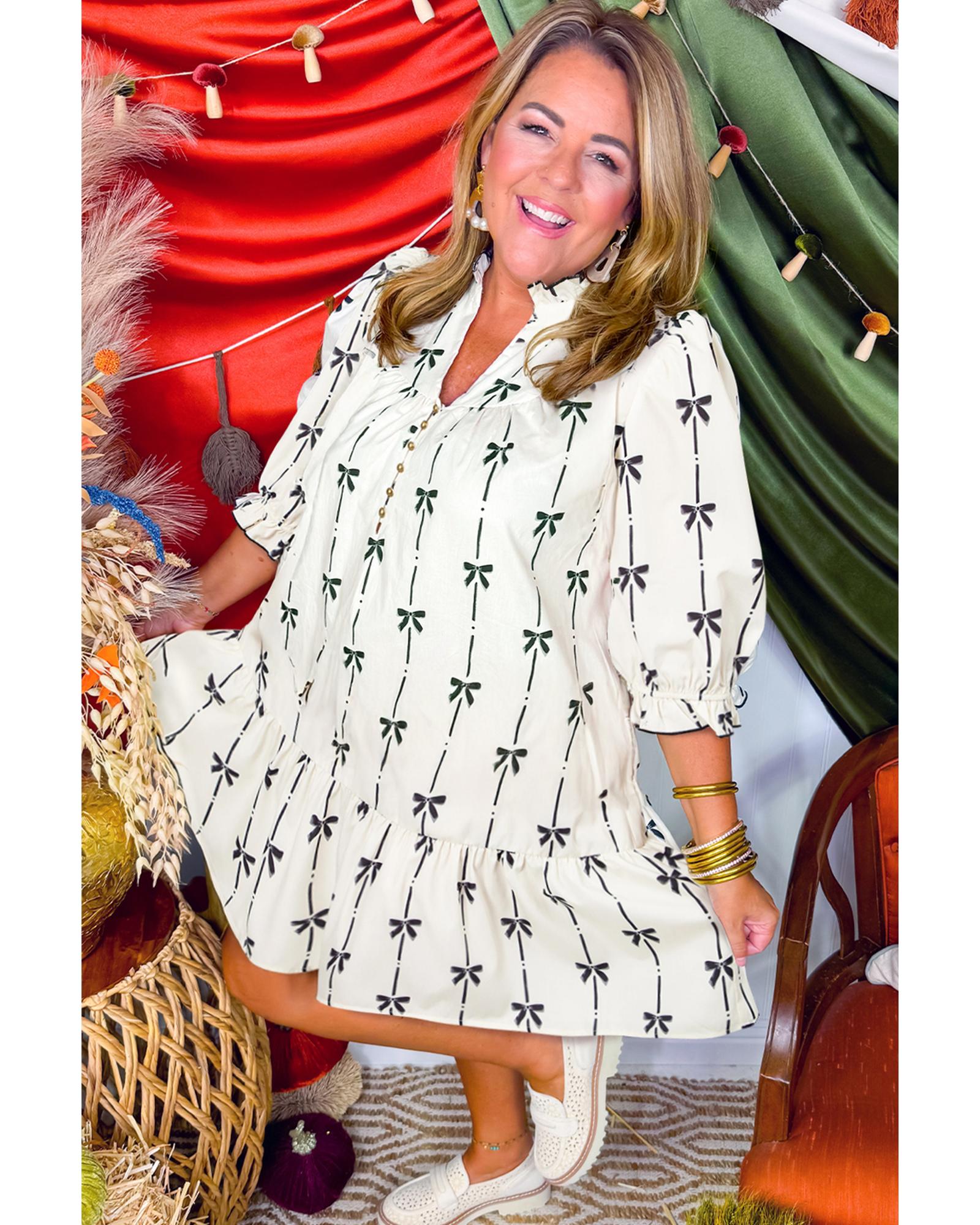 Apricot Bow Printed Puff Sleeve Ruffled Plus Size Mini Dress - 2X