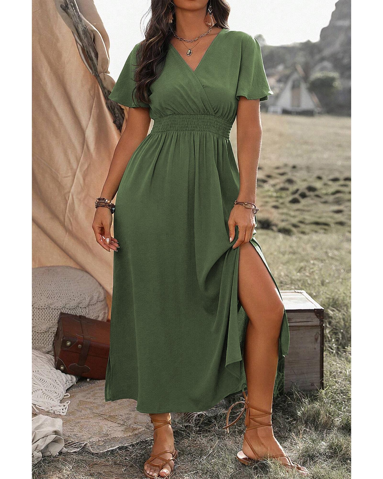 Four Leaf Clover Surplice Neckline Shirred High Waist Plus Size Maxi Dress - 1X