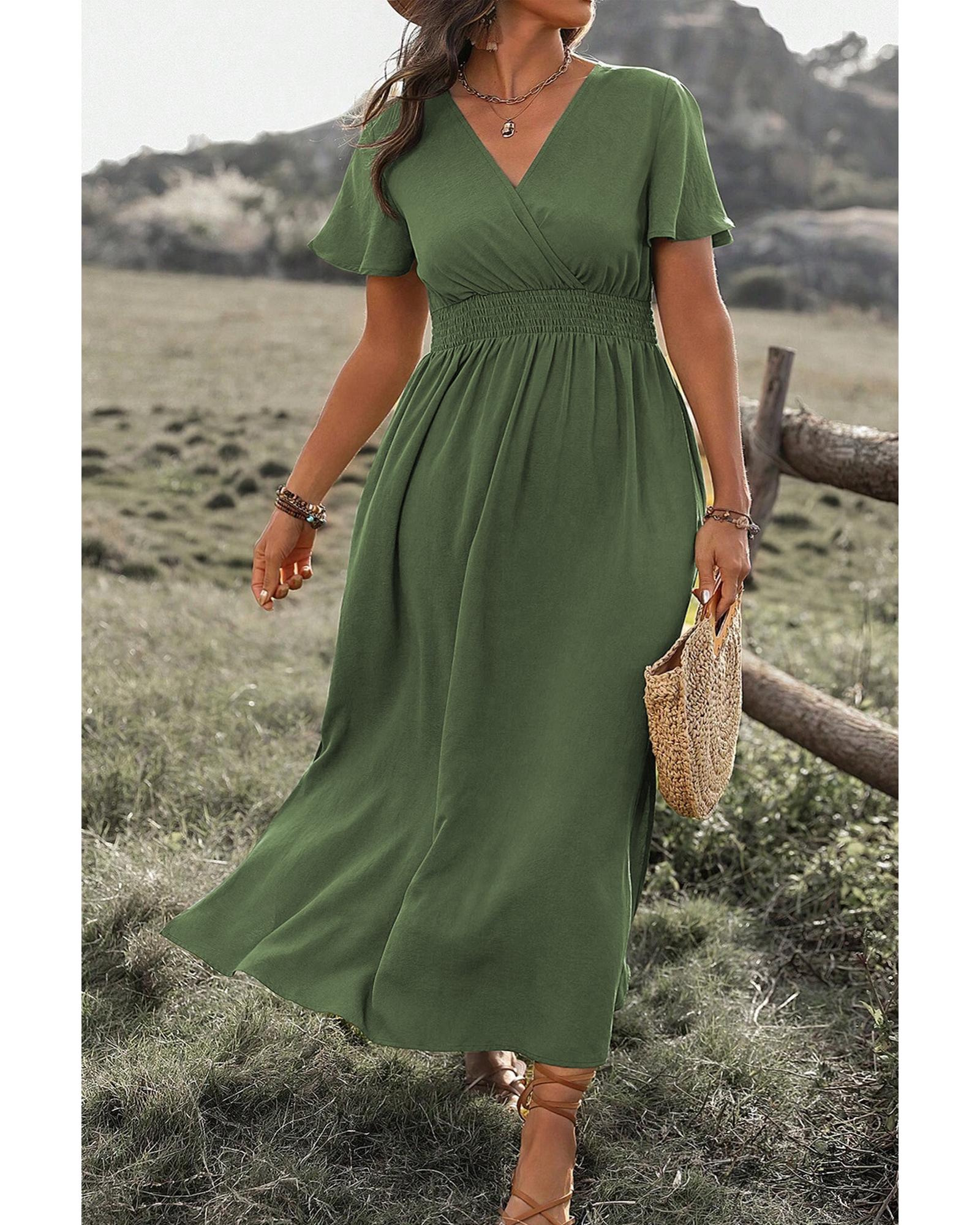 Four Leaf Clover Surplice Neckline Shirred High Waist Plus Size Maxi Dress - 1X