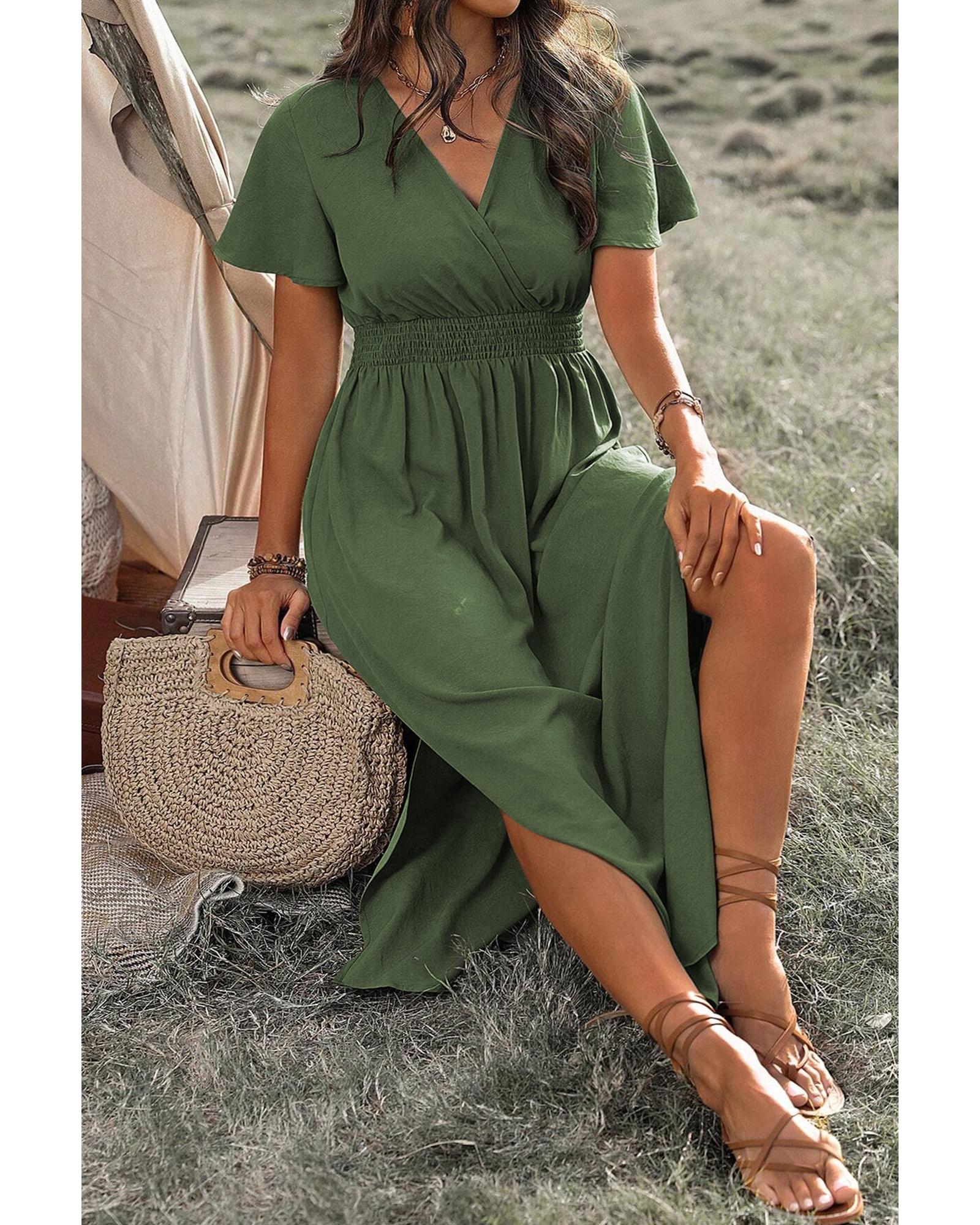 Four Leaf Clover Surplice Neckline Shirred High Waist Plus Size Maxi Dress - 1X