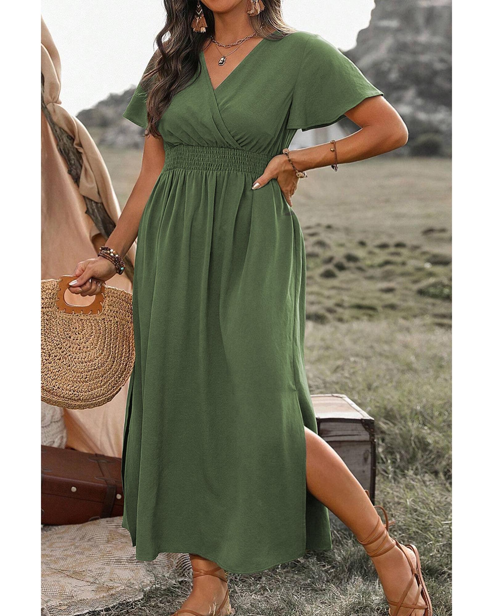 Four Leaf Clover Surplice Neckline Shirred High Waist Plus Size Maxi Dress - 4X