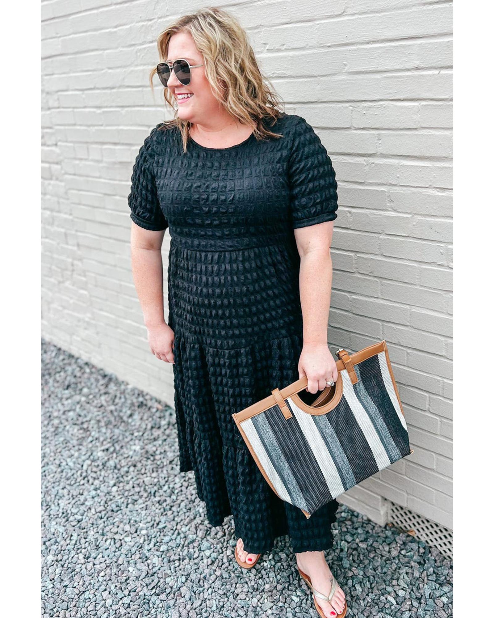 Black Plus Size Textured Tiered Short Sleeve Maxi Dress - 3X