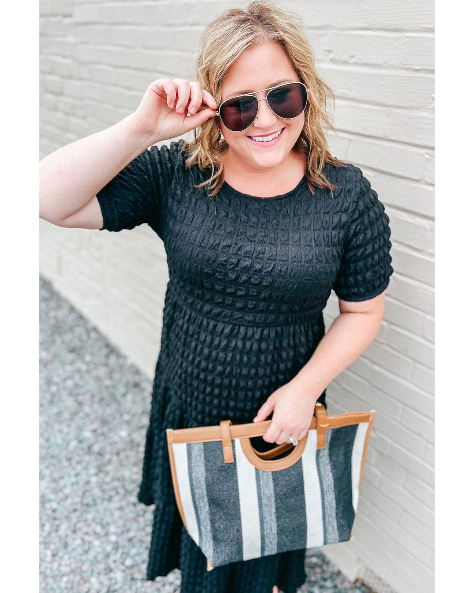 Black Plus Size Textured Tiered Short Sleeve Maxi Dress - 4X