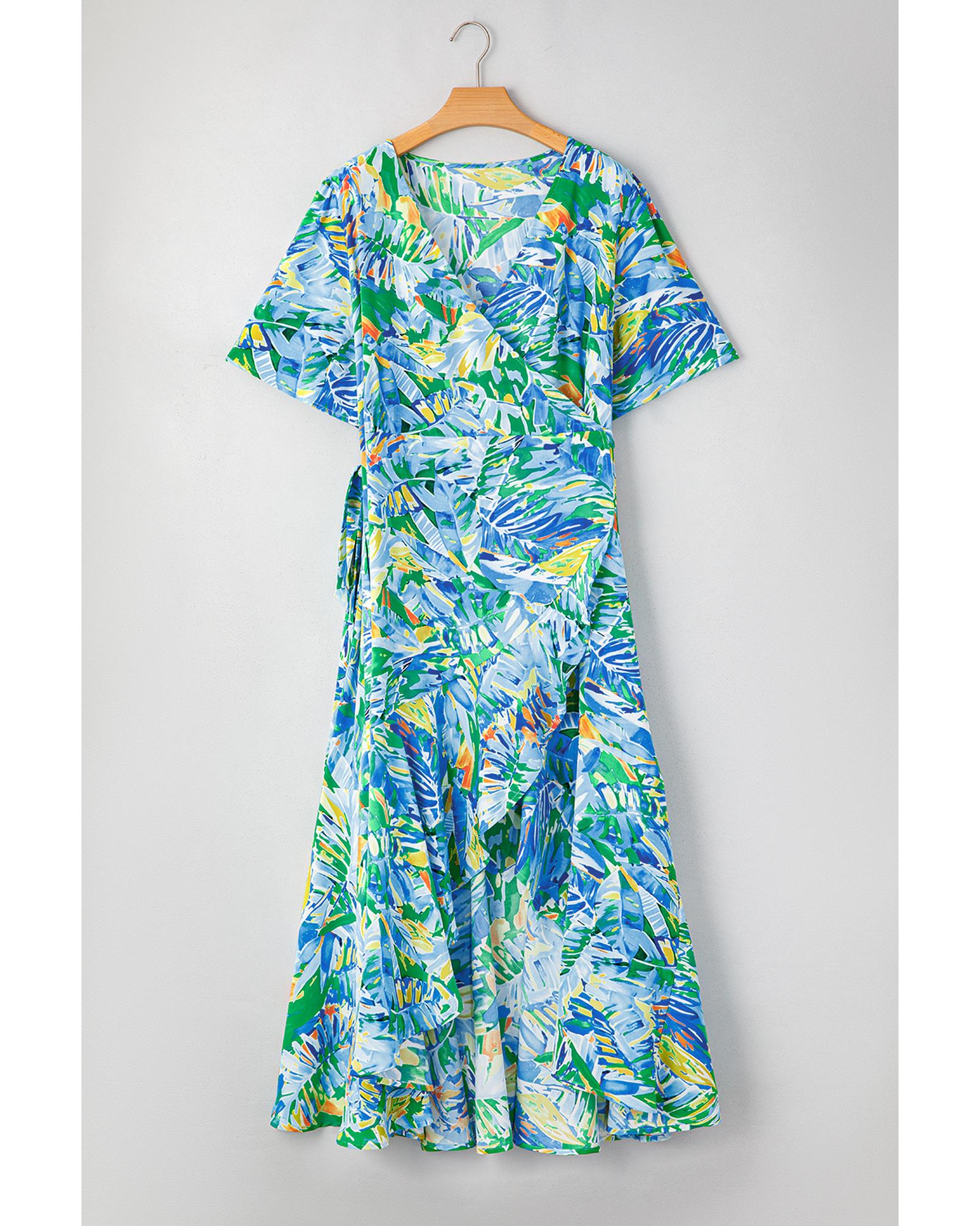 Green Leaves Print Short Sleeve Surplice Neck Ruffled Trim Plus Size Maxi Dress - 2X