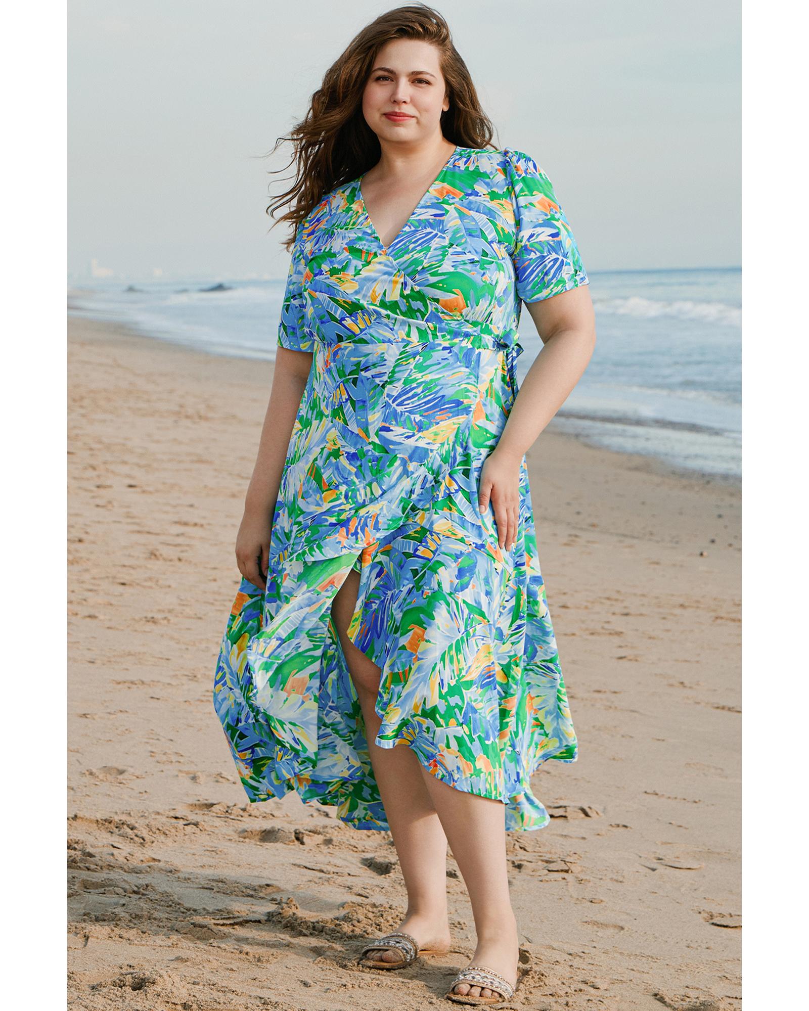 Green Leaves Print Short Sleeve Surplice Neck Ruffled Trim Plus Size Maxi Dress - 3X