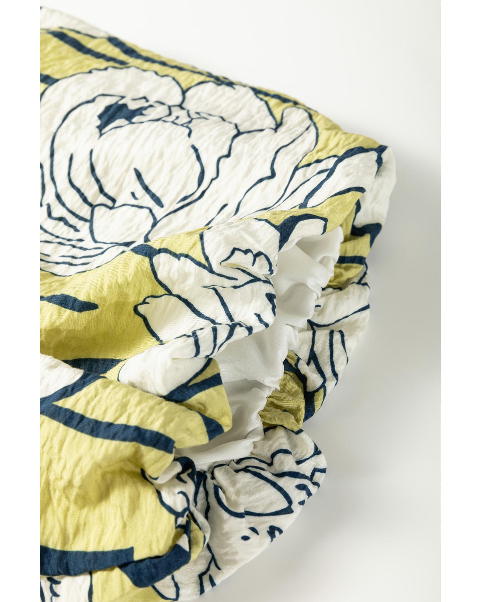 Green Plus Size Floral Print Shirred Square Neck Puff Sleeve Dress - 3X