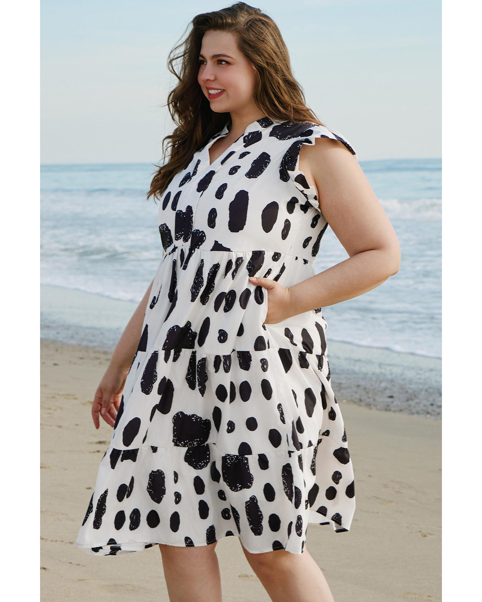 White Polka Dot Print Ruffled Sleeve Pocketed Plus Size Midi Dress - 1X