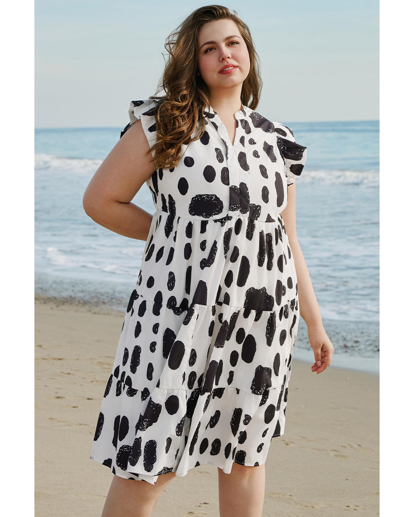White Polka Dot Print Ruffled Sleeve Pocketed Plus Size Midi Dress - 2X