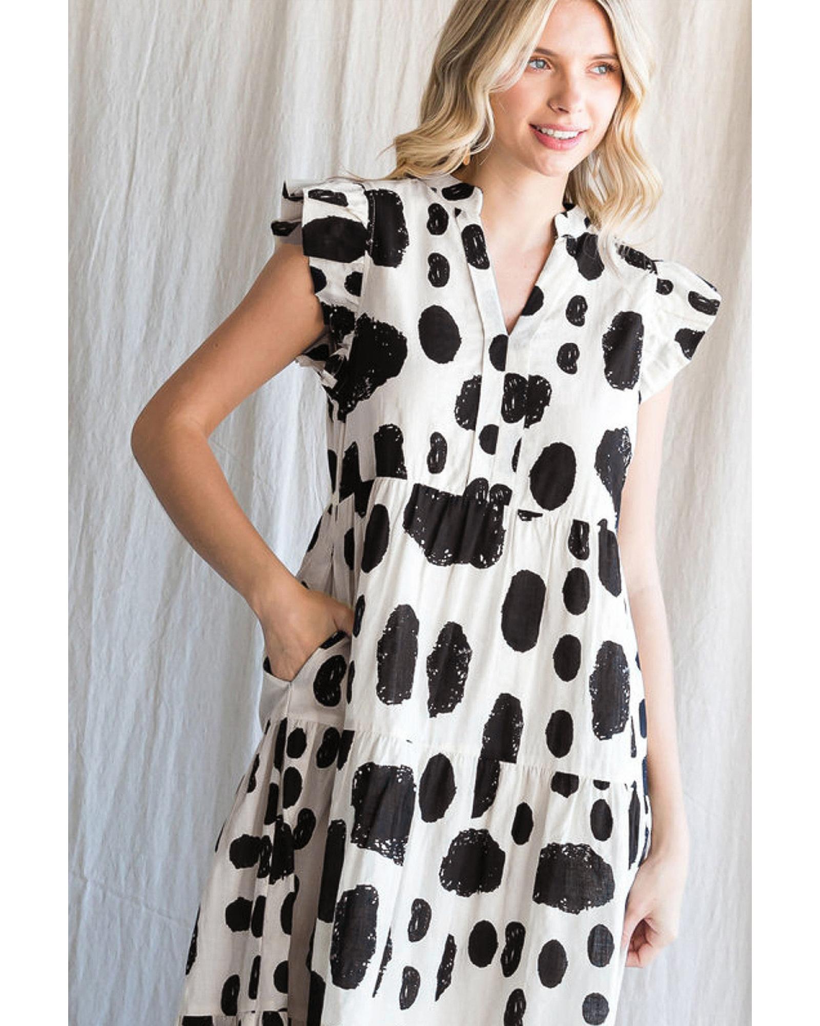 White Polka Dot Print Ruffled Sleeve Pocketed Plus Size Midi Dress - 3X