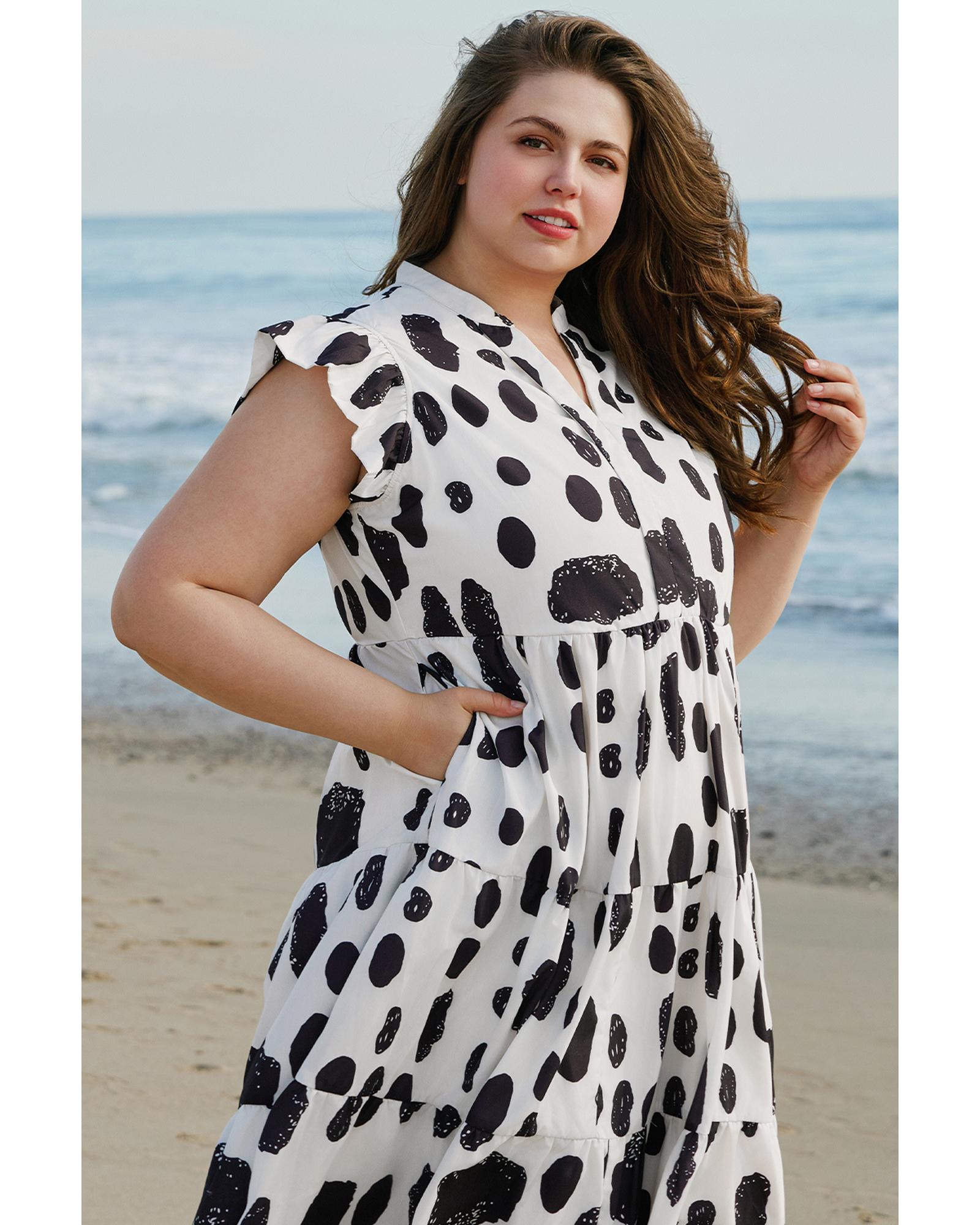White Polka Dot Print Ruffled Sleeve Pocketed Plus Size Midi Dress - 4X