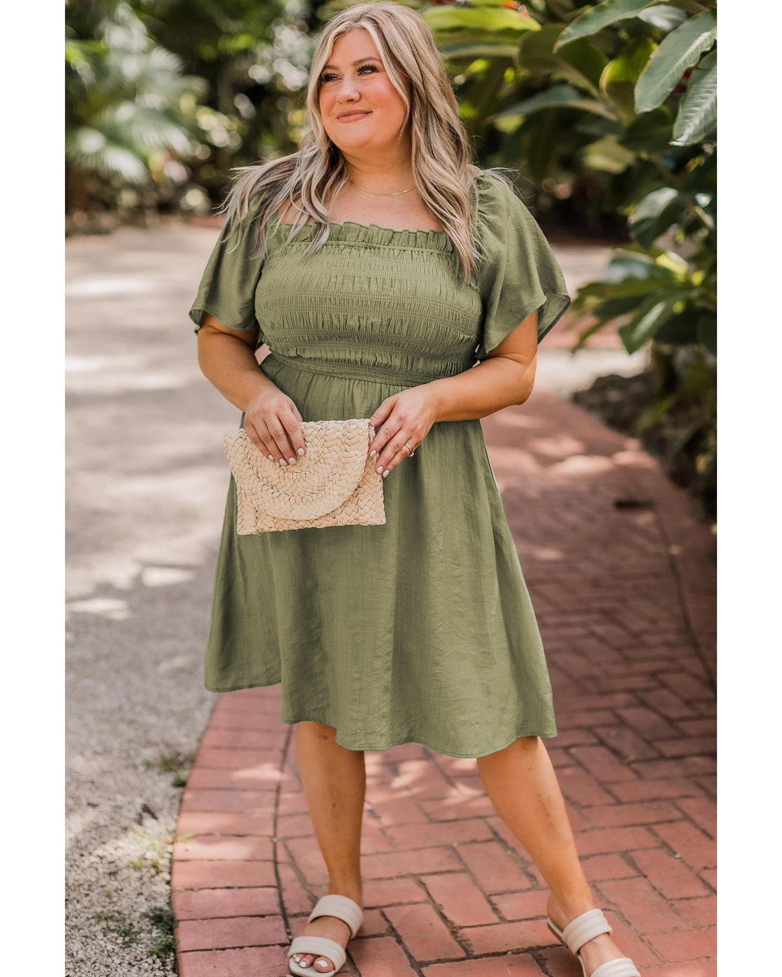 Grass Green Frilly Square Neck Flutter Sleeve Smocked High Waist Plus Size Dress - 2X