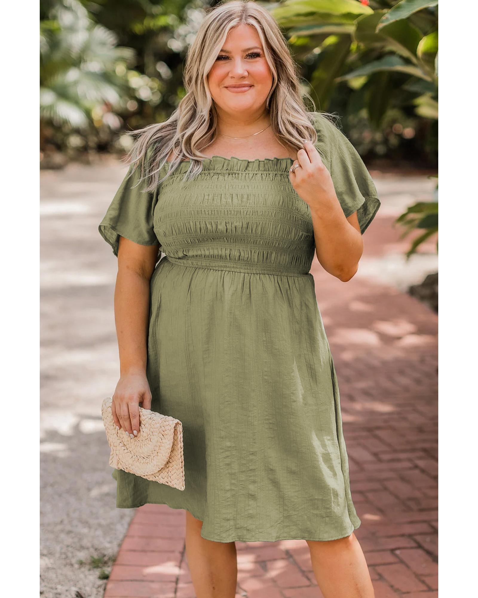 Grass Green Frilly Square Neck Flutter Sleeve Smocked High Waist Plus Size Dress - 2X