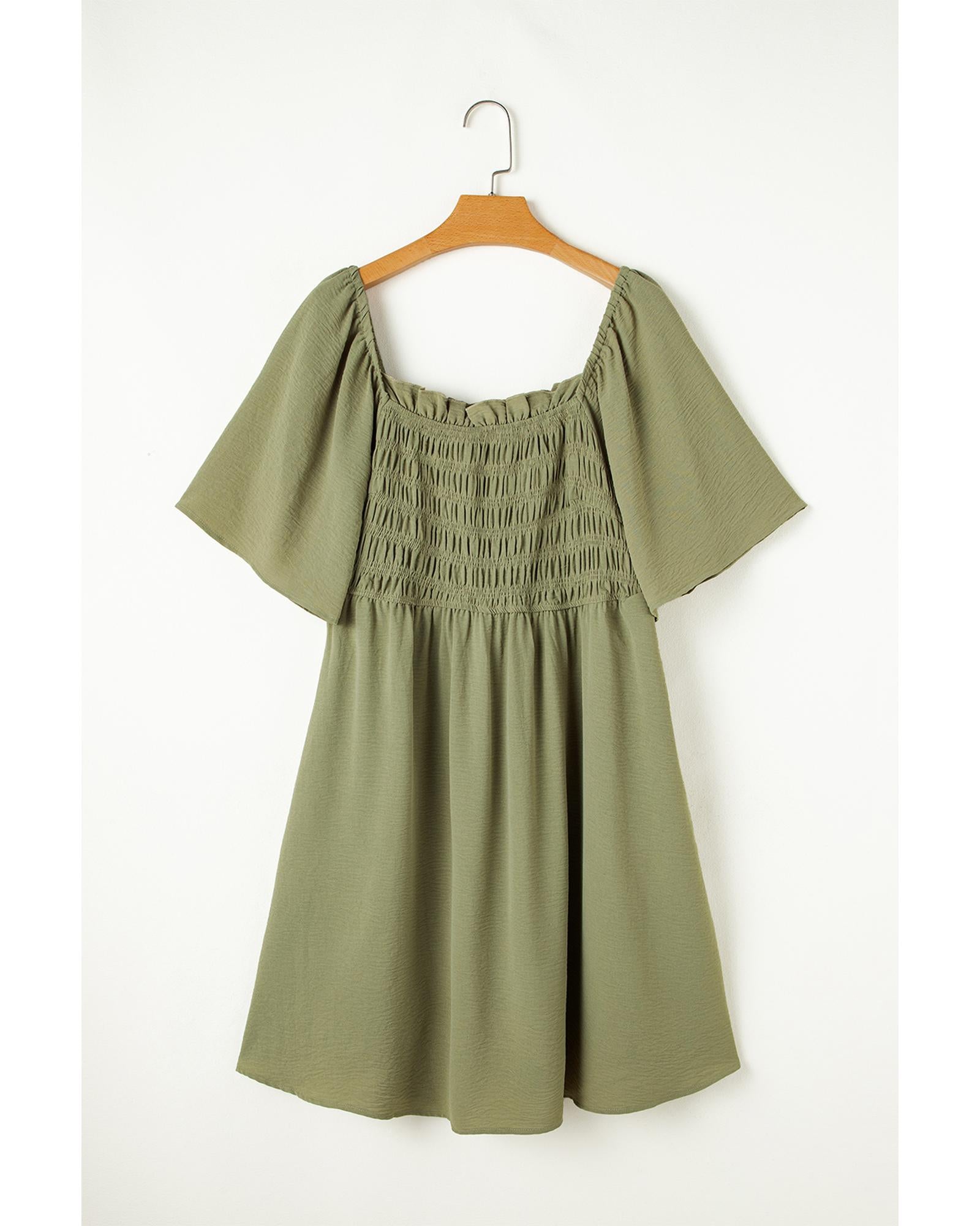 Grass Green Frilly Square Neck Flutter Sleeve Smocked High Waist Plus Size Dress - 2X