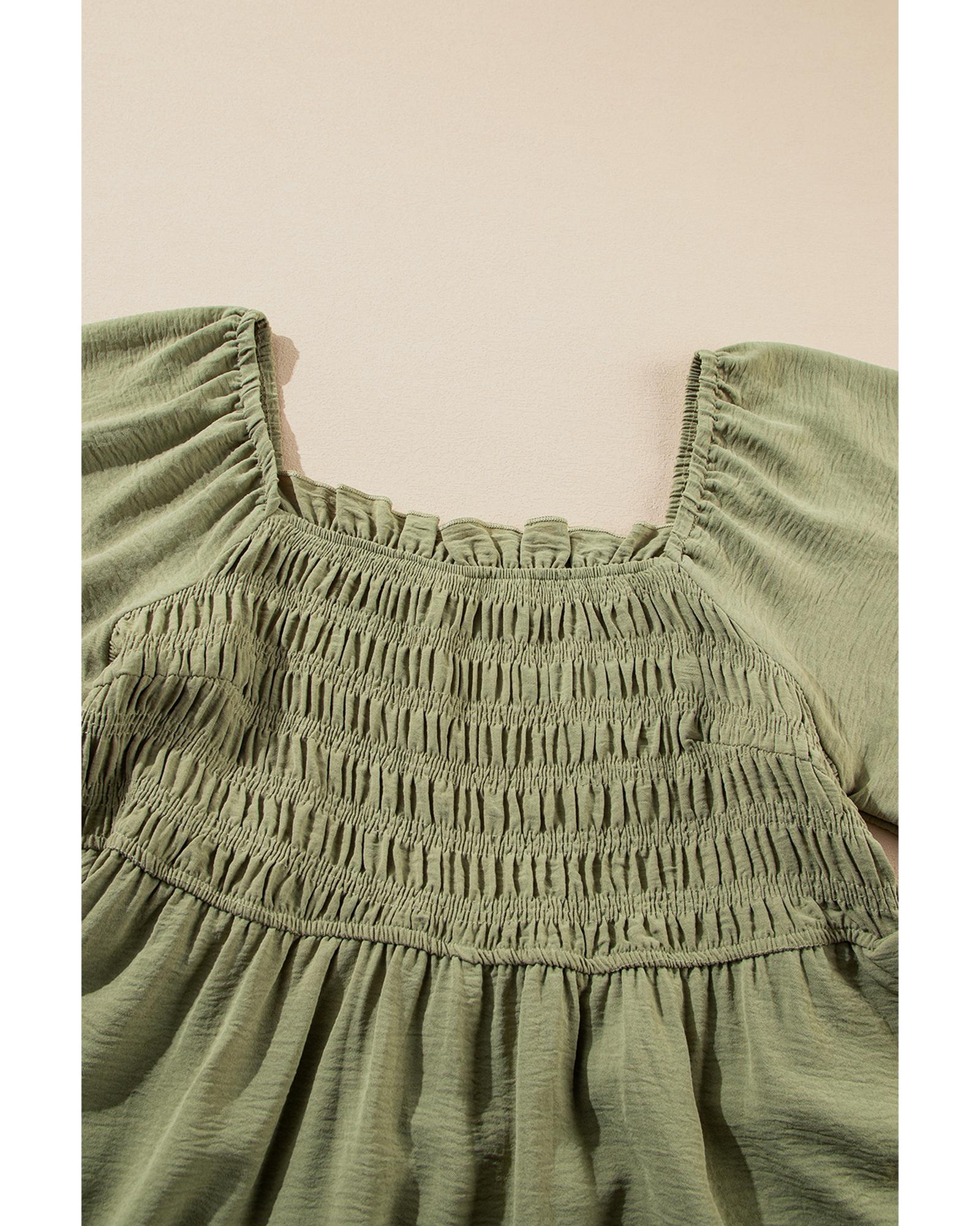 Grass Green Frilly Square Neck Flutter Sleeve Smocked High Waist Plus Size Dress - 2X