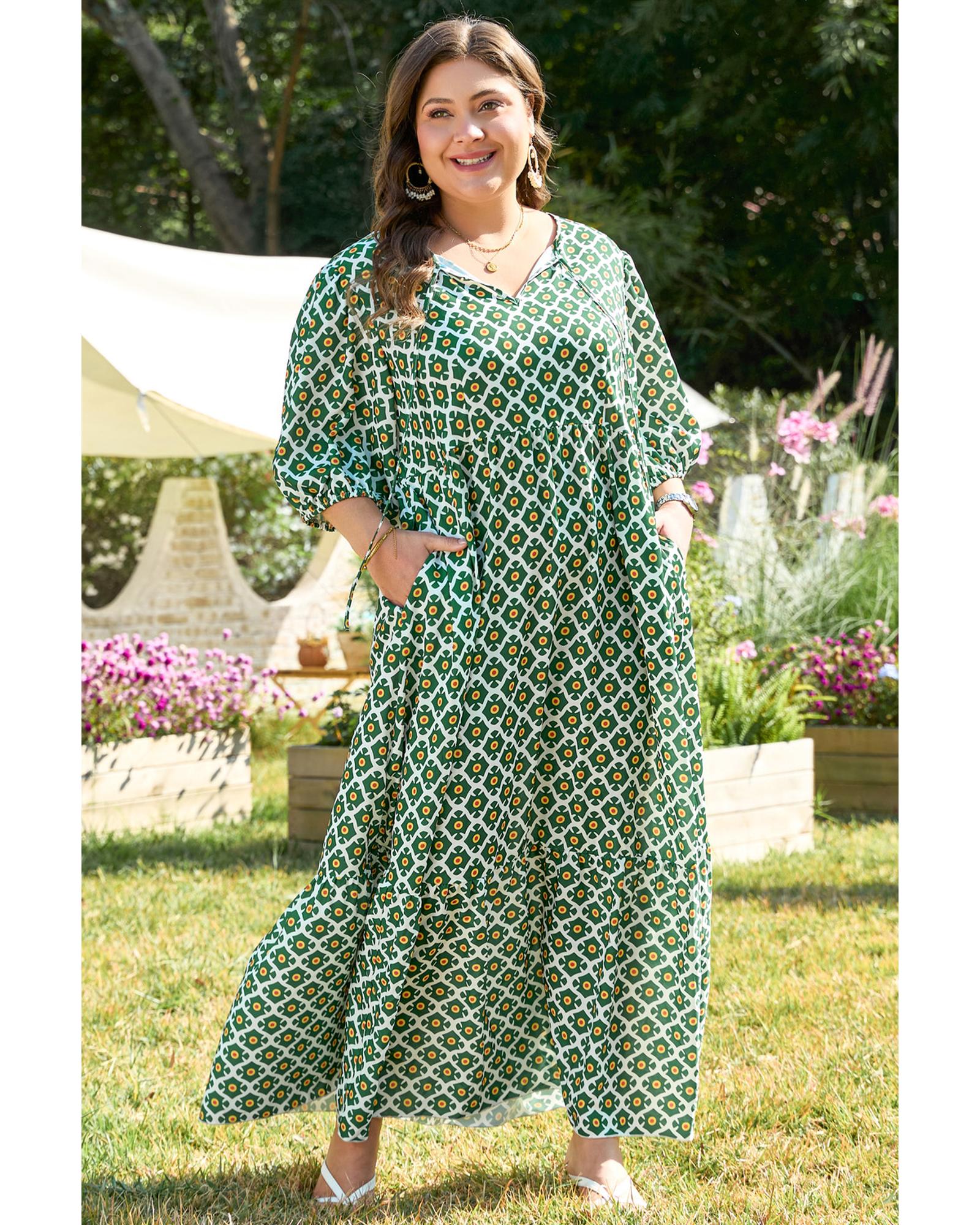 Green Geometric Floral Print Half Sleeve Plus Size Maxi Dress - 2X