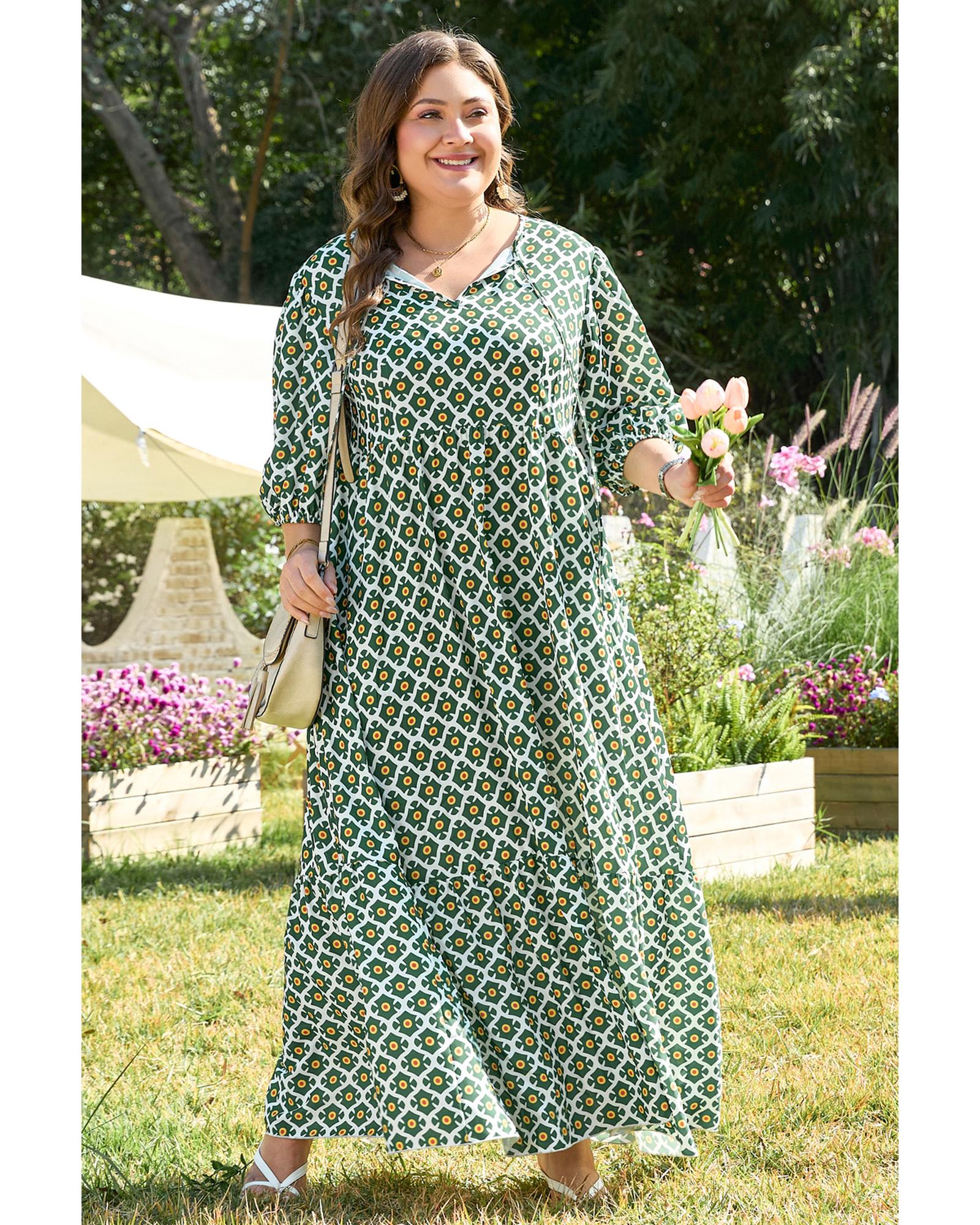 Green Geometric Floral Print Half Sleeve Plus Size Maxi Dress - 2X