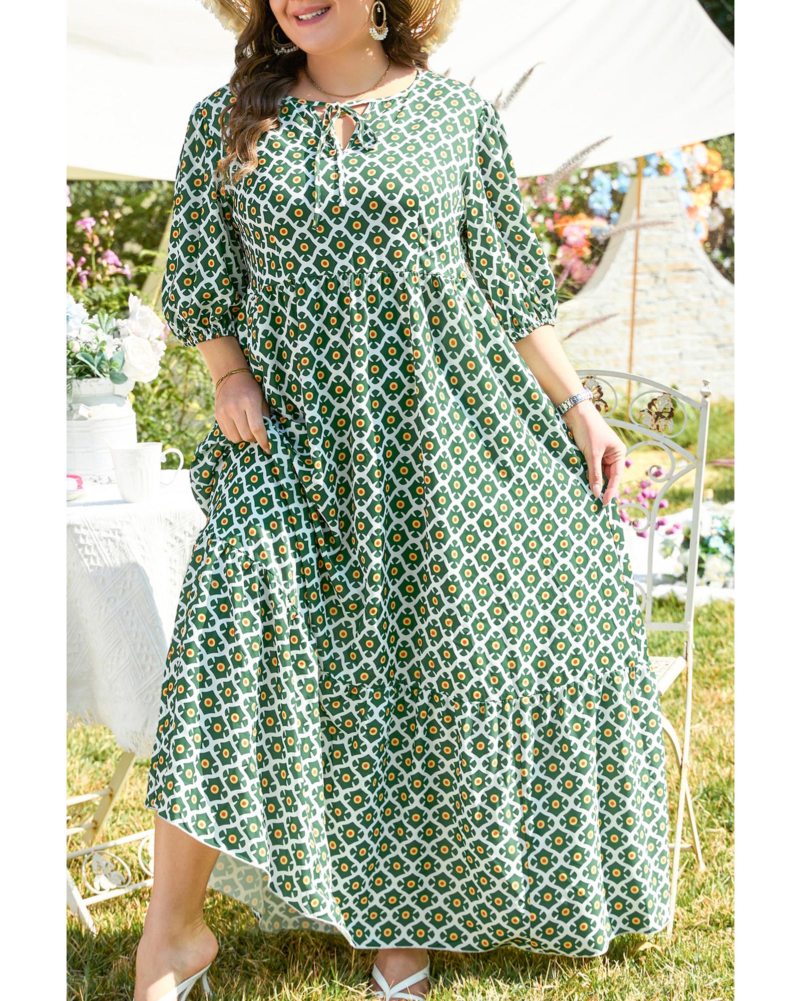 Green Geometric Floral Print Half Sleeve Plus Size Maxi Dress - 2X