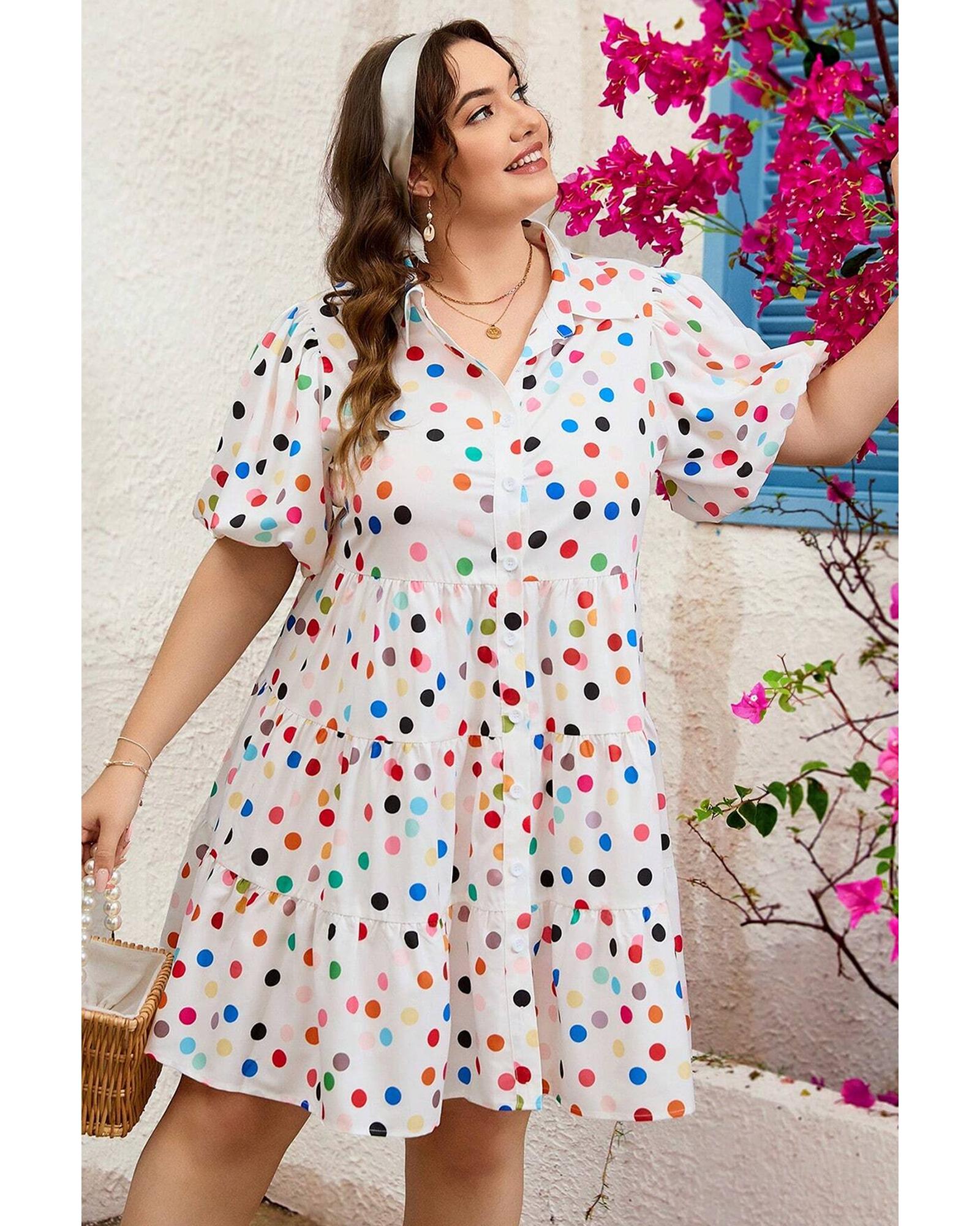 White Polka Dot Print Bubble Sleeve Button Up Plus Size Shirt Dress - 1X