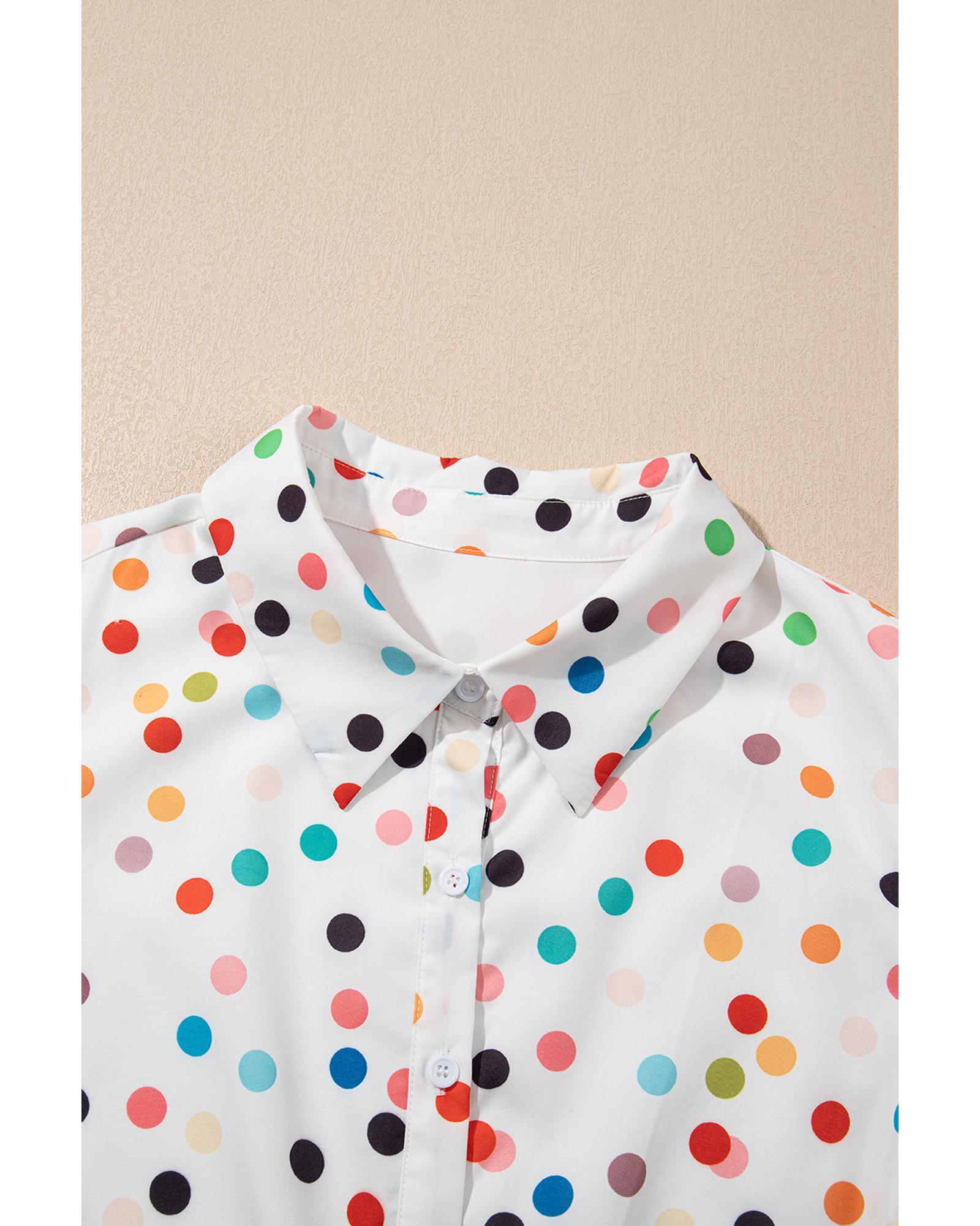 White Polka Dot Print Bubble Sleeve Button Up Plus Size Shirt Dress - 1X
