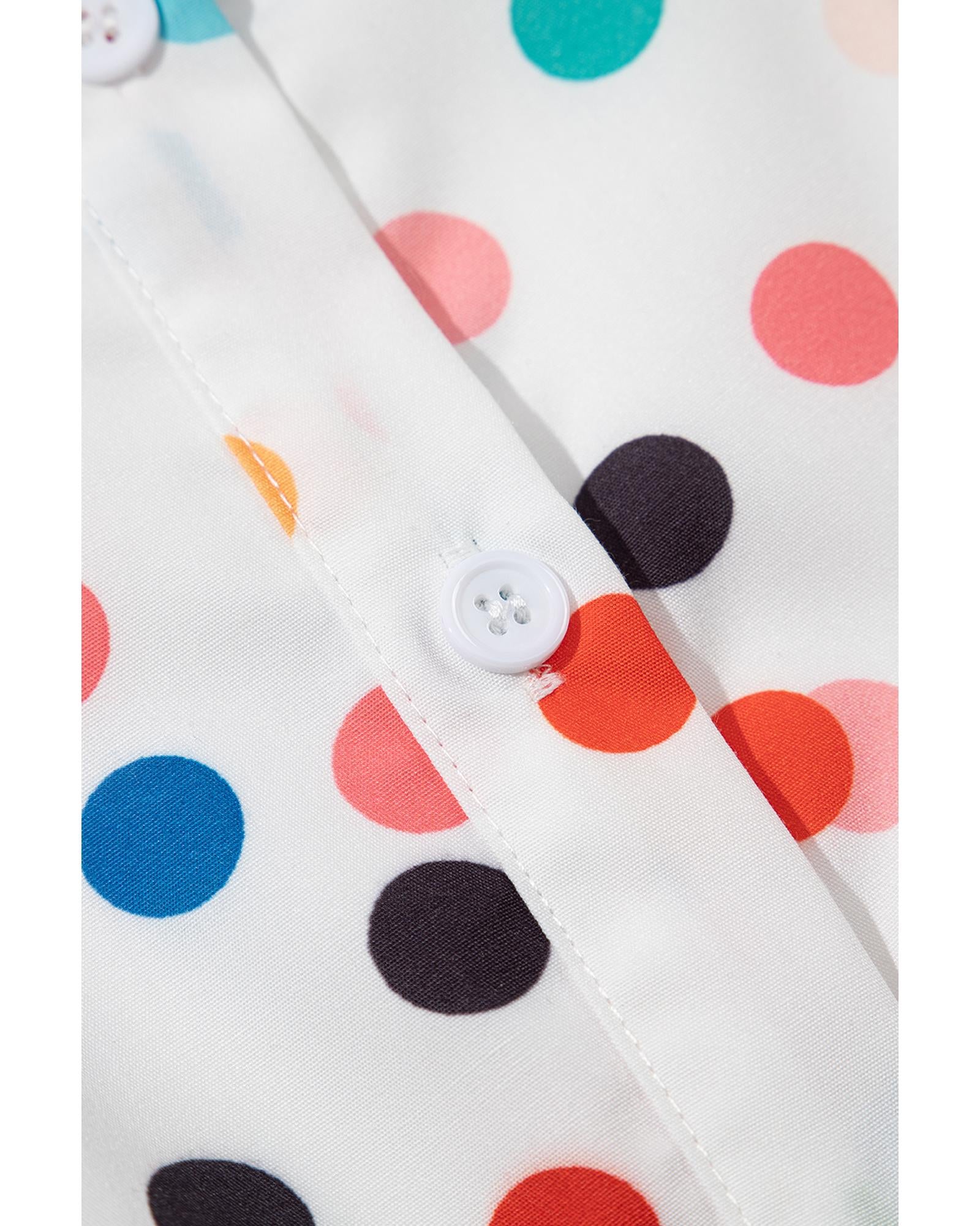 White Polka Dot Print Bubble Sleeve Button Up Plus Size Shirt Dress - 1X