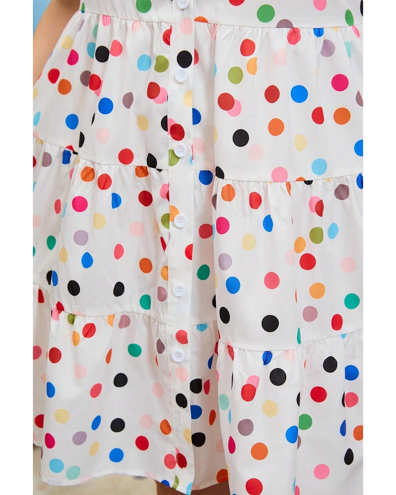 White Polka Dot Print Bubble Sleeve Button Up Plus Size Shirt Dress - 2X