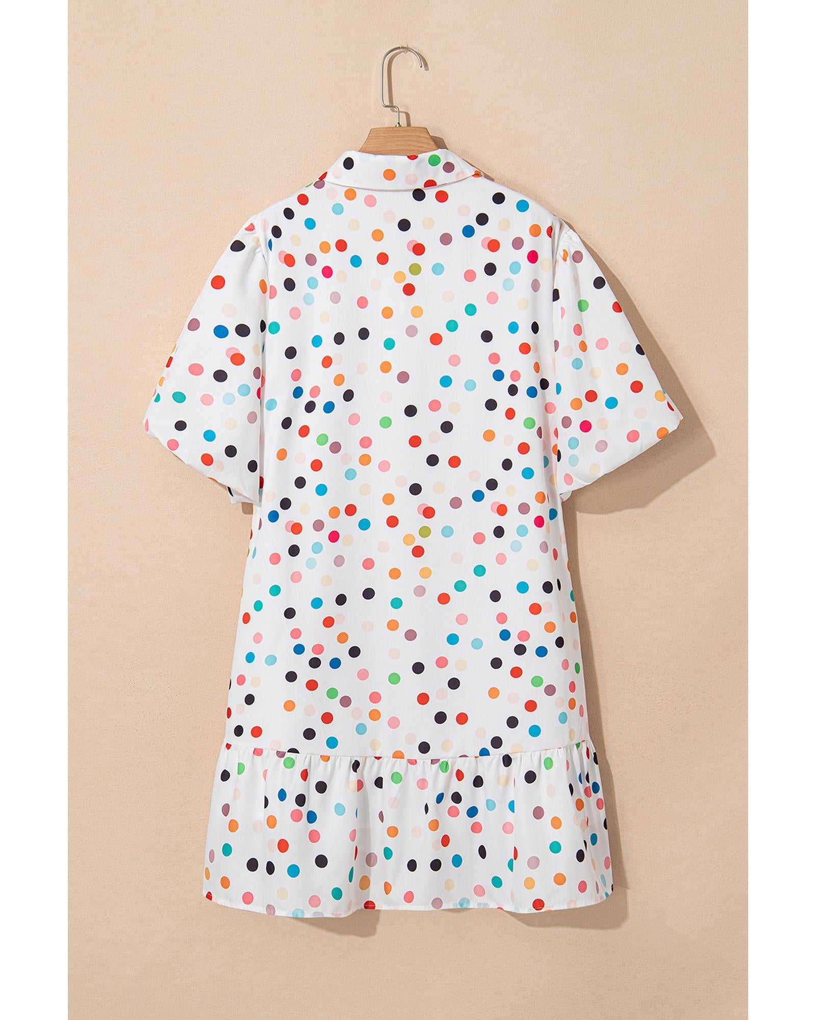 White Polka Dot Print Bubble Sleeve Button Up Plus Size Shirt Dress - 2X