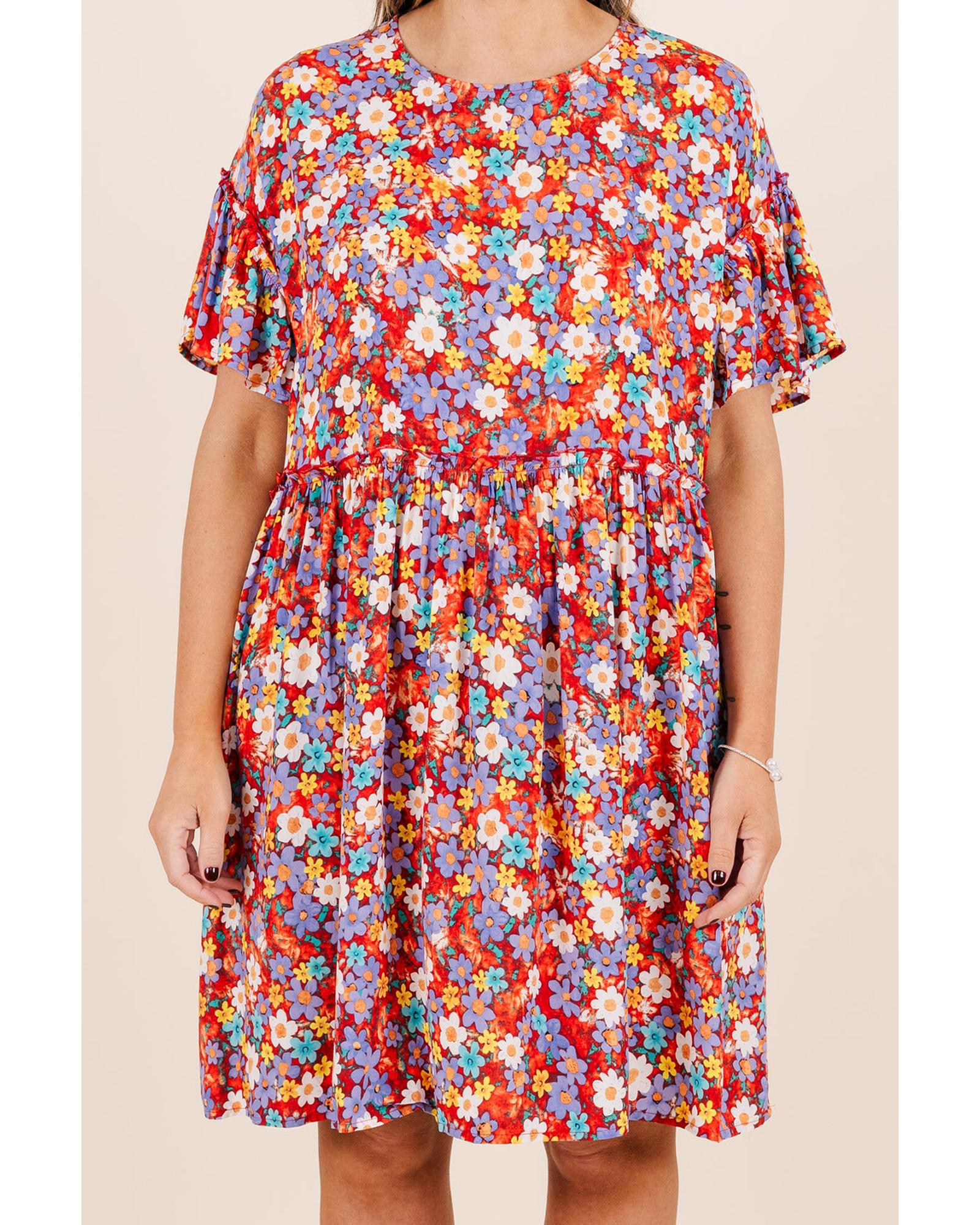 Red Dainty Flower Printed Plus Size Short Sleeve Shift Dress - 1X