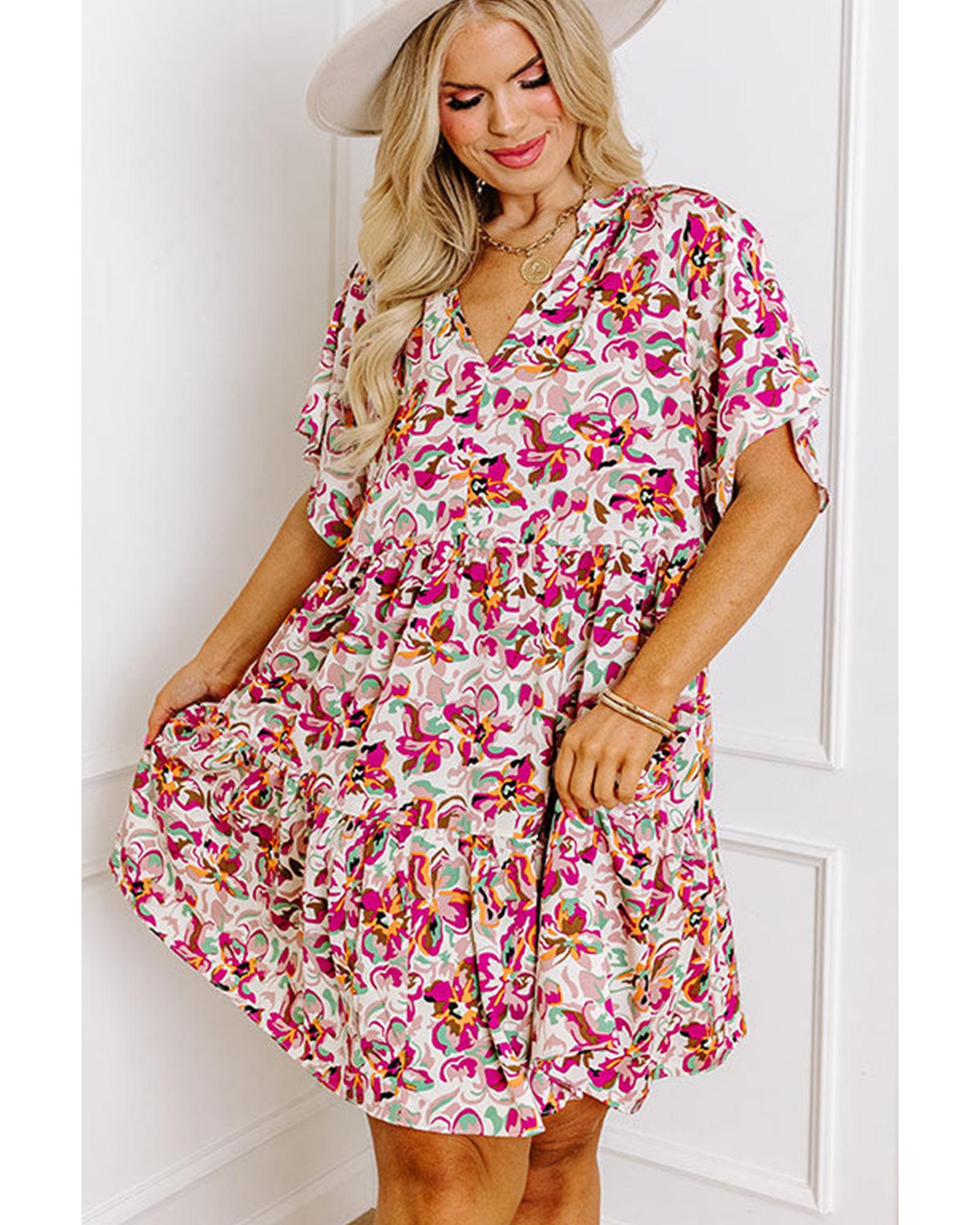 White Abstract Print V Neck Short Sleeve Ruffled Plus Size Mini Dress - 2X