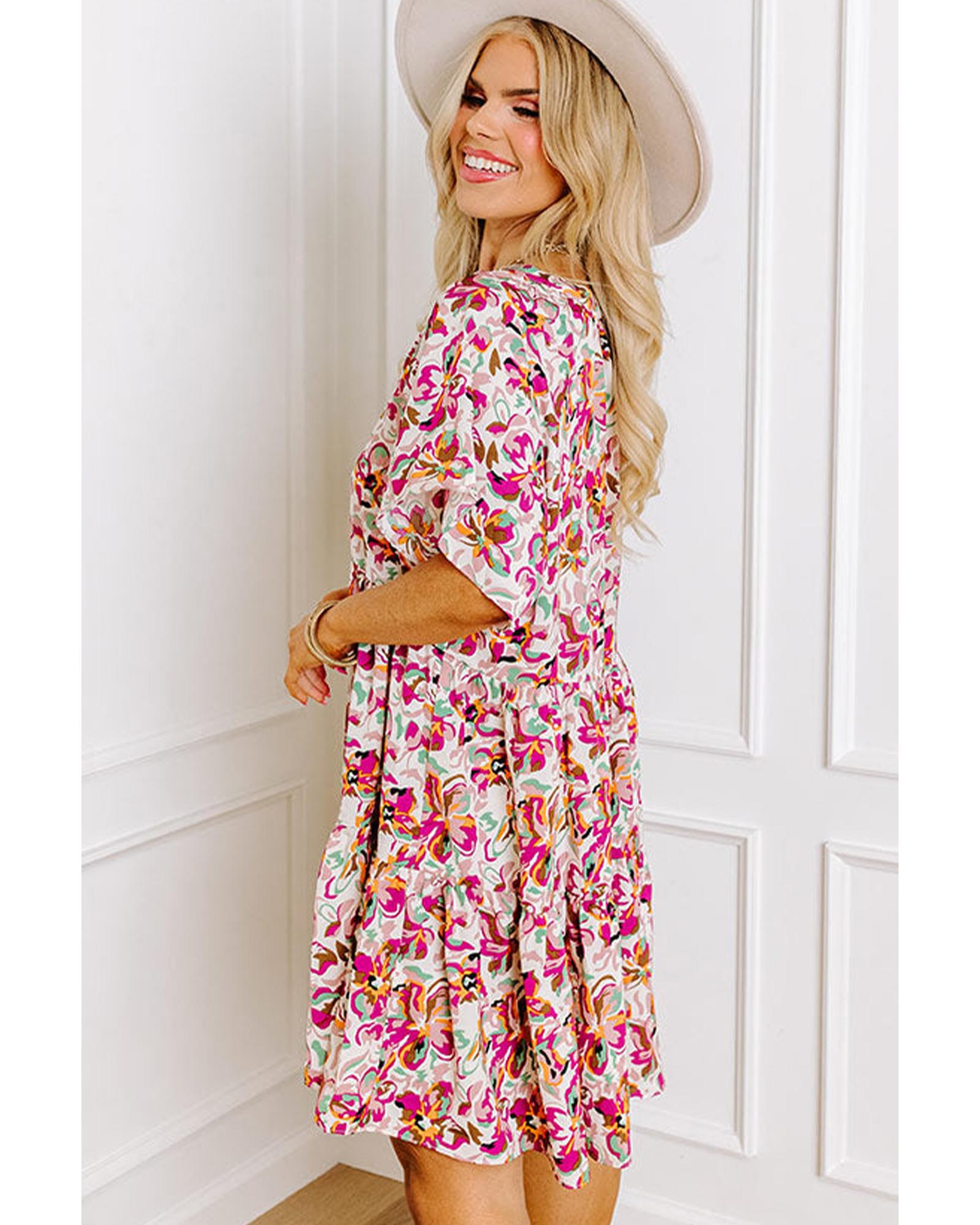 White Abstract Print V Neck Short Sleeve Ruffled Plus Size Mini Dress - 2X