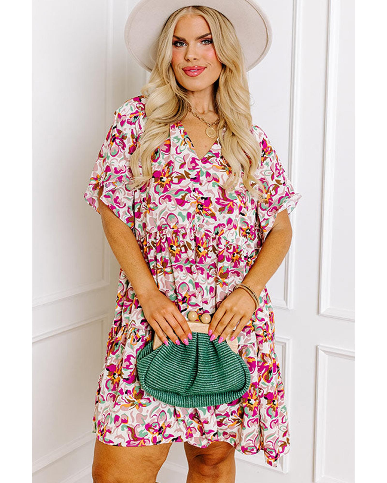 White Abstract Print V Neck Short Sleeve Ruffled Plus Size Mini Dress - 2X