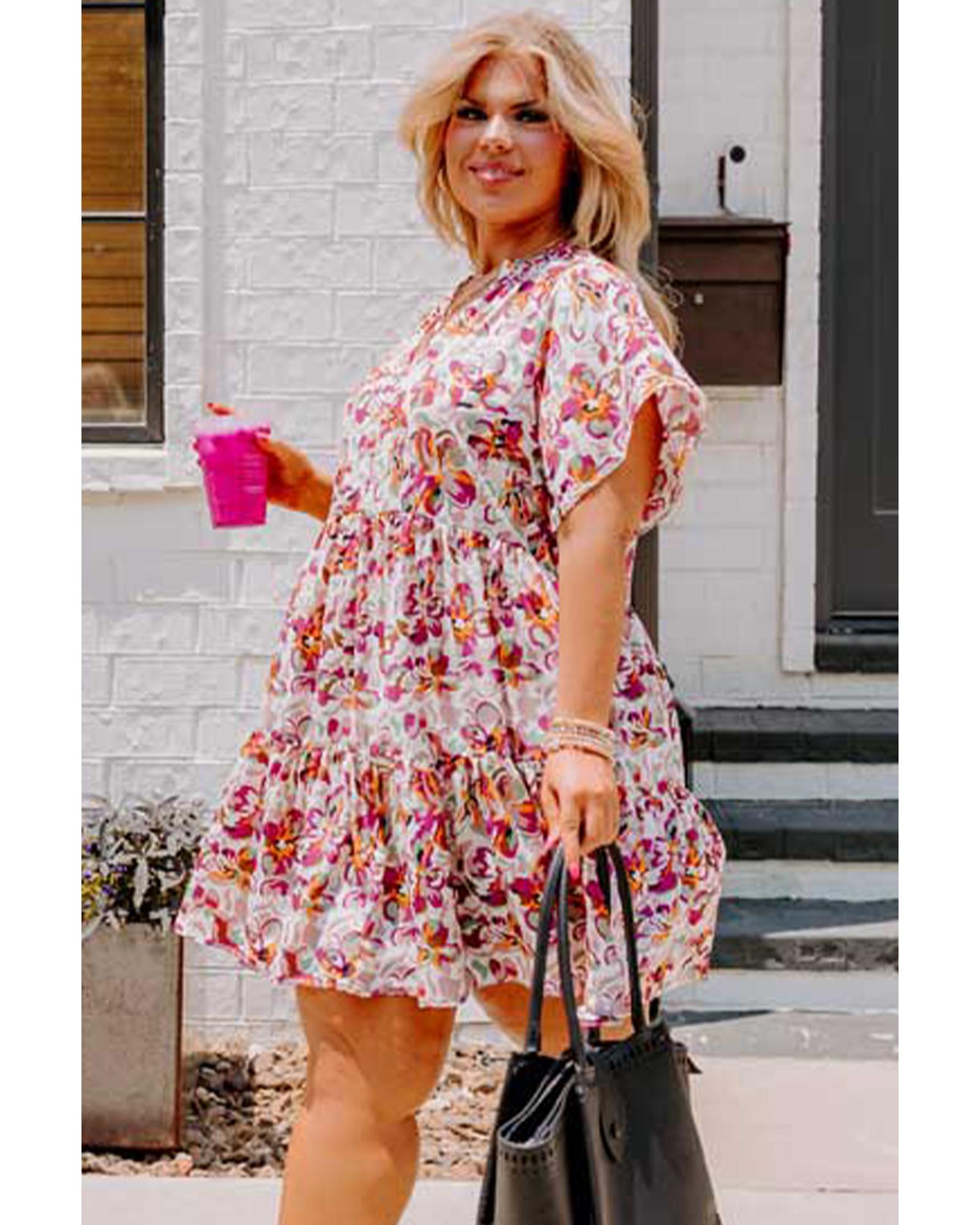 White Abstract Print V Neck Short Sleeve Ruffled Plus Size Mini Dress - 2X