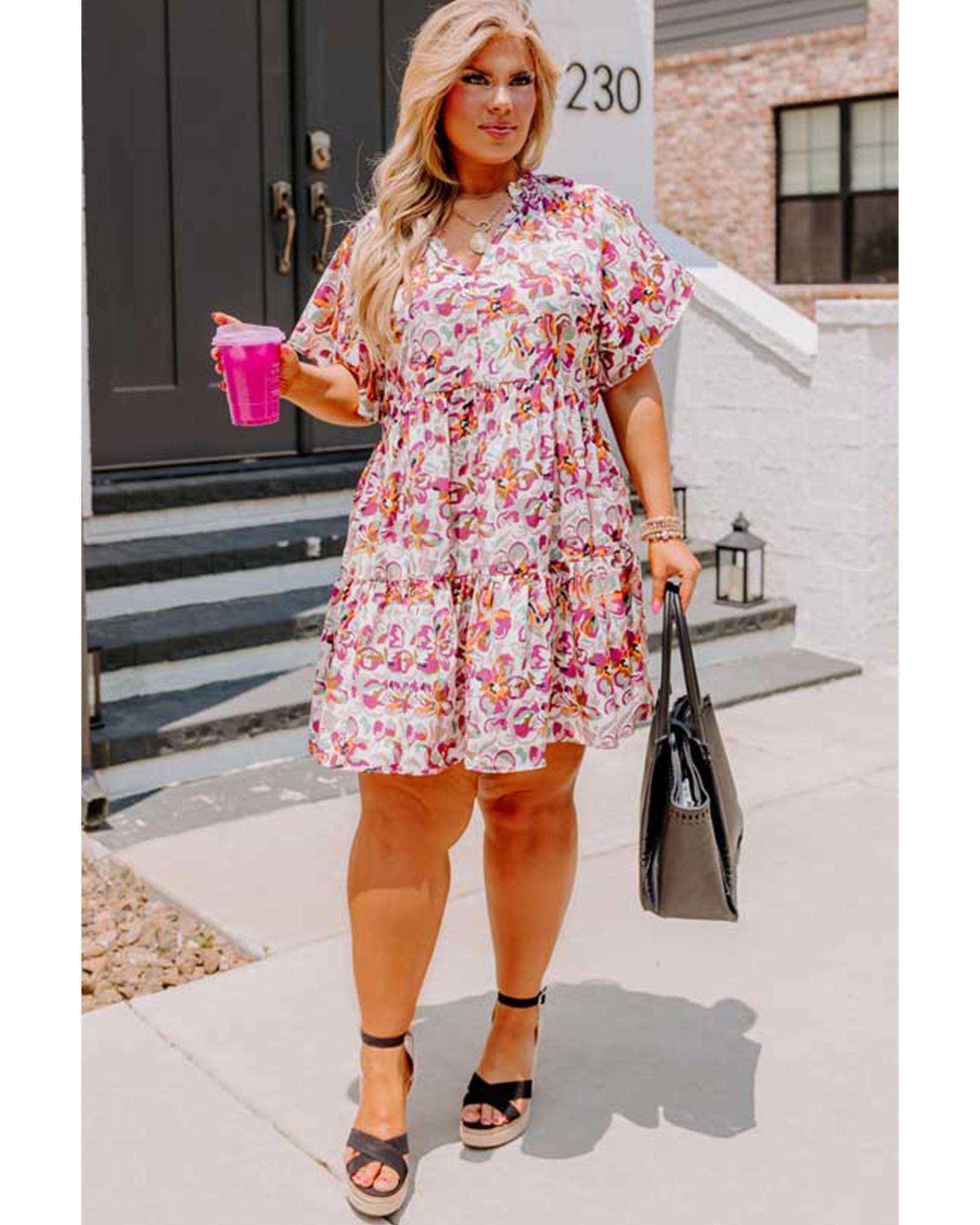 White Abstract Print V Neck Short Sleeve Ruffled Plus Size Mini Dress - 2X