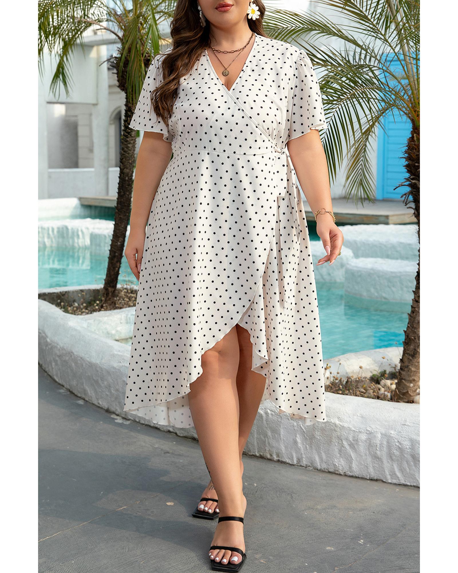 Khaki Polka Dot Surplice V Neck Tied Waist Flutter Sleeve Flowy Plus Size Midi Dress - 2X