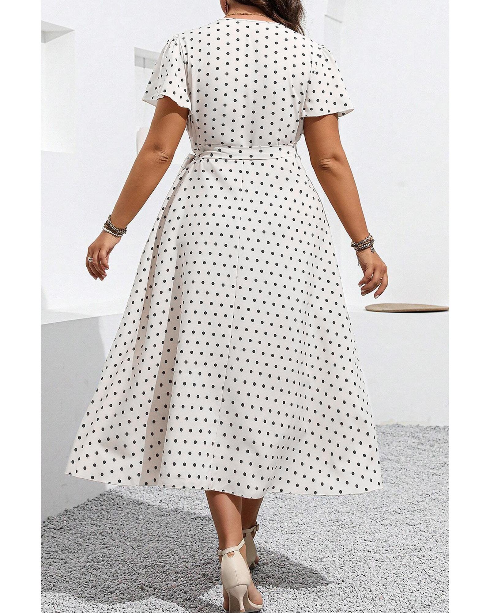 Khaki Polka Dot Surplice V Neck Tied Waist Flutter Sleeve Flowy Plus Size Midi Dress - 2X