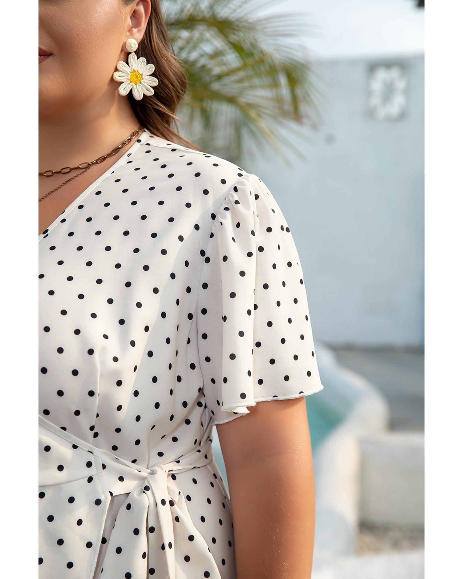 Khaki Polka Dot Surplice V Neck Tied Waist Flutter Sleeve Flowy Plus Size Midi Dress - 4X