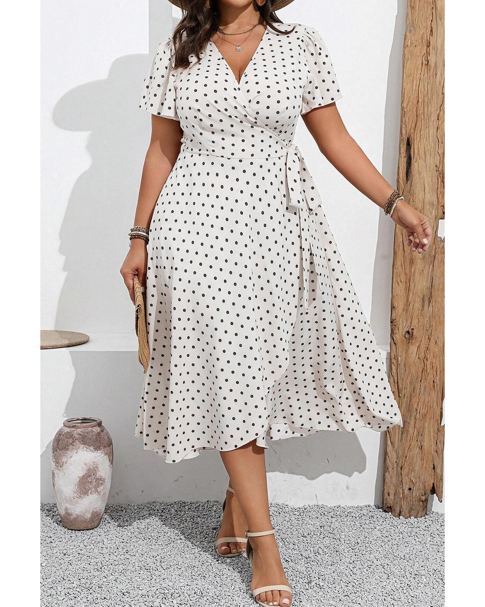 Khaki Polka Dot Surplice V Neck Tied Waist Flutter Sleeve Flowy Plus Size Midi Dress - 4X