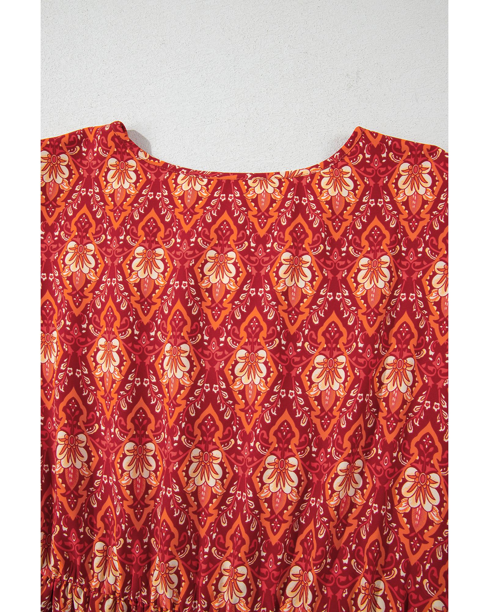 Orange Plus Size Printed Surplice Neck Empire Waist Flowy Mini Dress - 2X