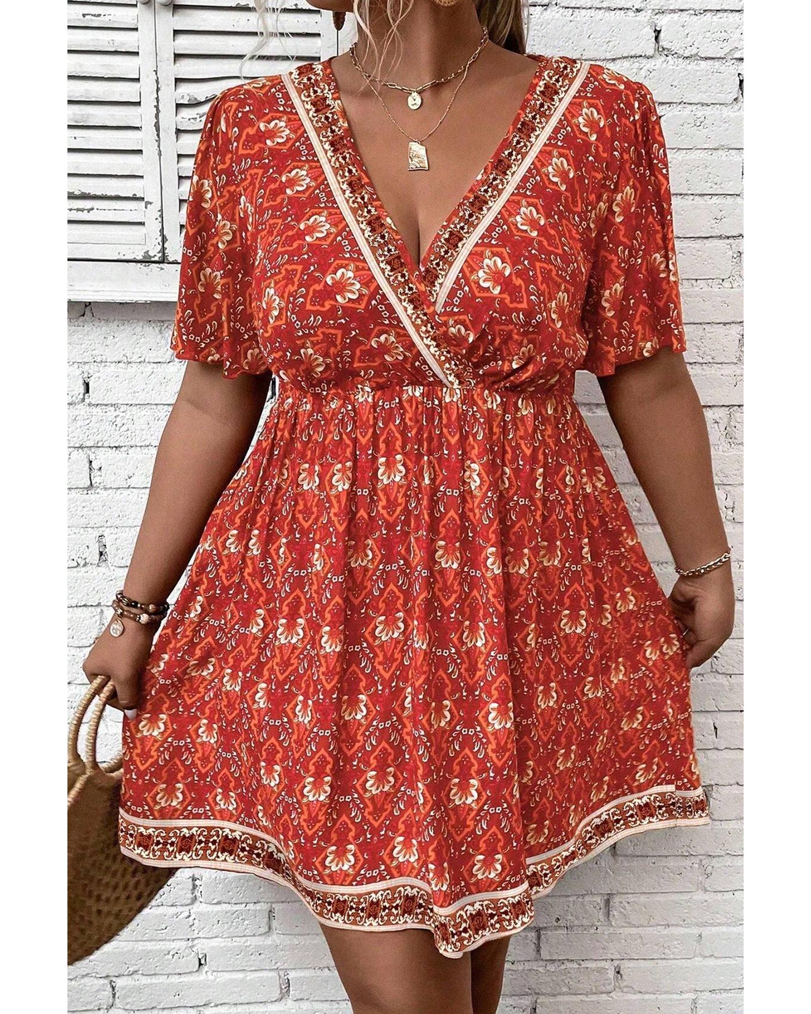 Orange Plus Size Printed Surplice Neck Empire Waist Flowy Mini Dress - 4X