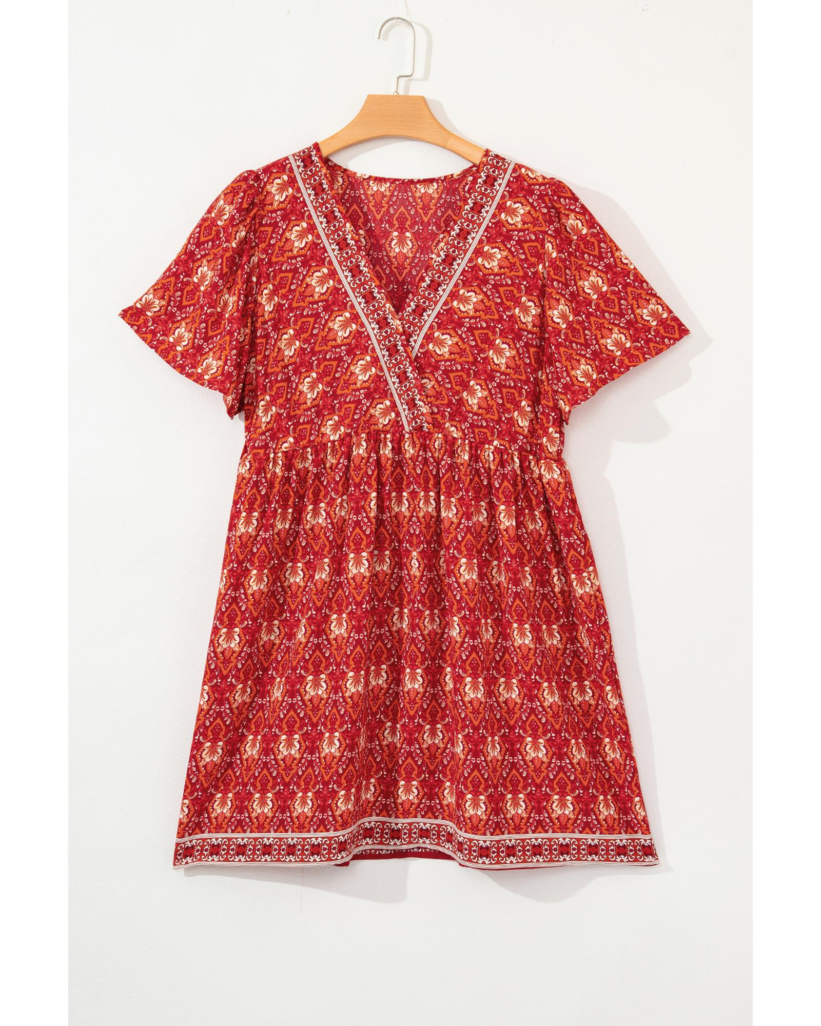 Orange Plus Size Printed Surplice Neck Empire Waist Flowy Mini Dress - 4X