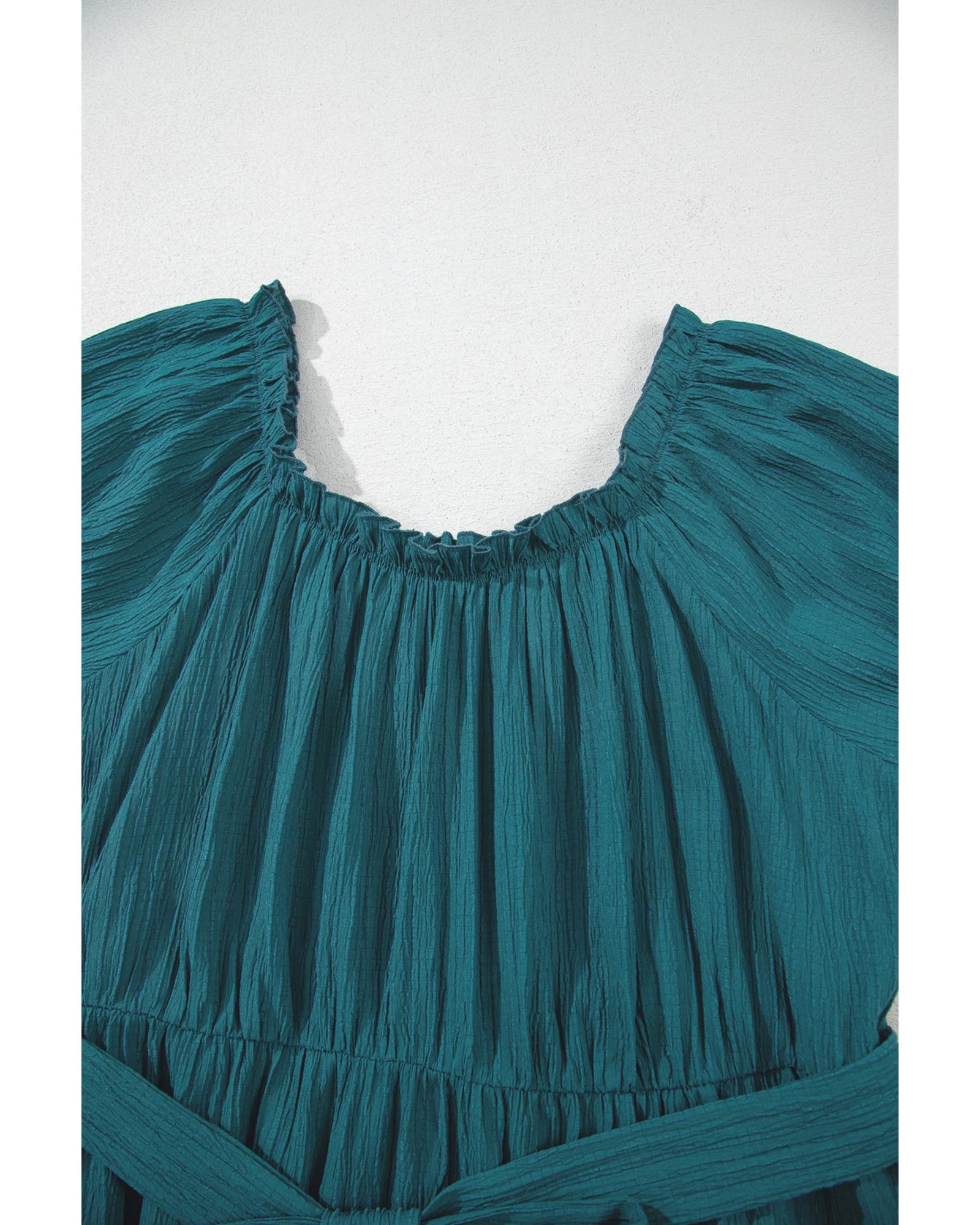 Skobeloff Frilled U Neck Puff Sleeve Belted Ruffle Hem Plus Size Midi Dress - 2X