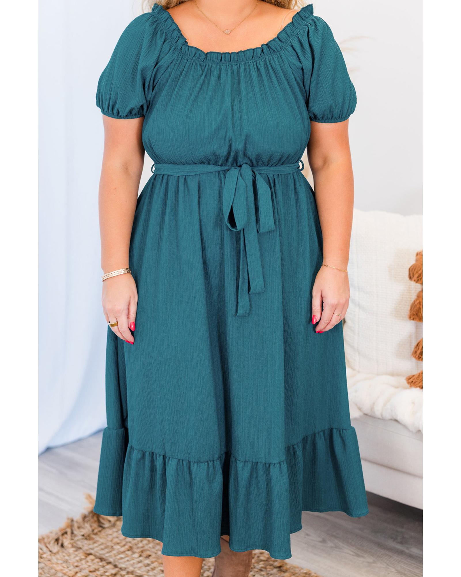 Skobeloff Frilled U Neck Puff Sleeve Belted Ruffle Hem Plus Size Midi Dress - 2X